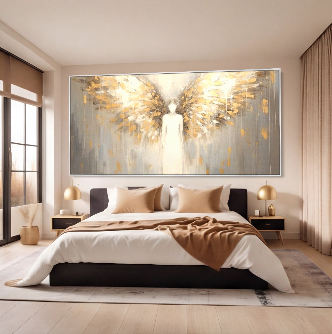 Tablou Canvas Premium LuxCanva® H1047, Gardian Ceresc, Inger, Aripi, Silueta, Spiritualitate, Credinta, Har, Blandete, Fragilitate, Pace, Arta Religioasa, Living, Dormitor