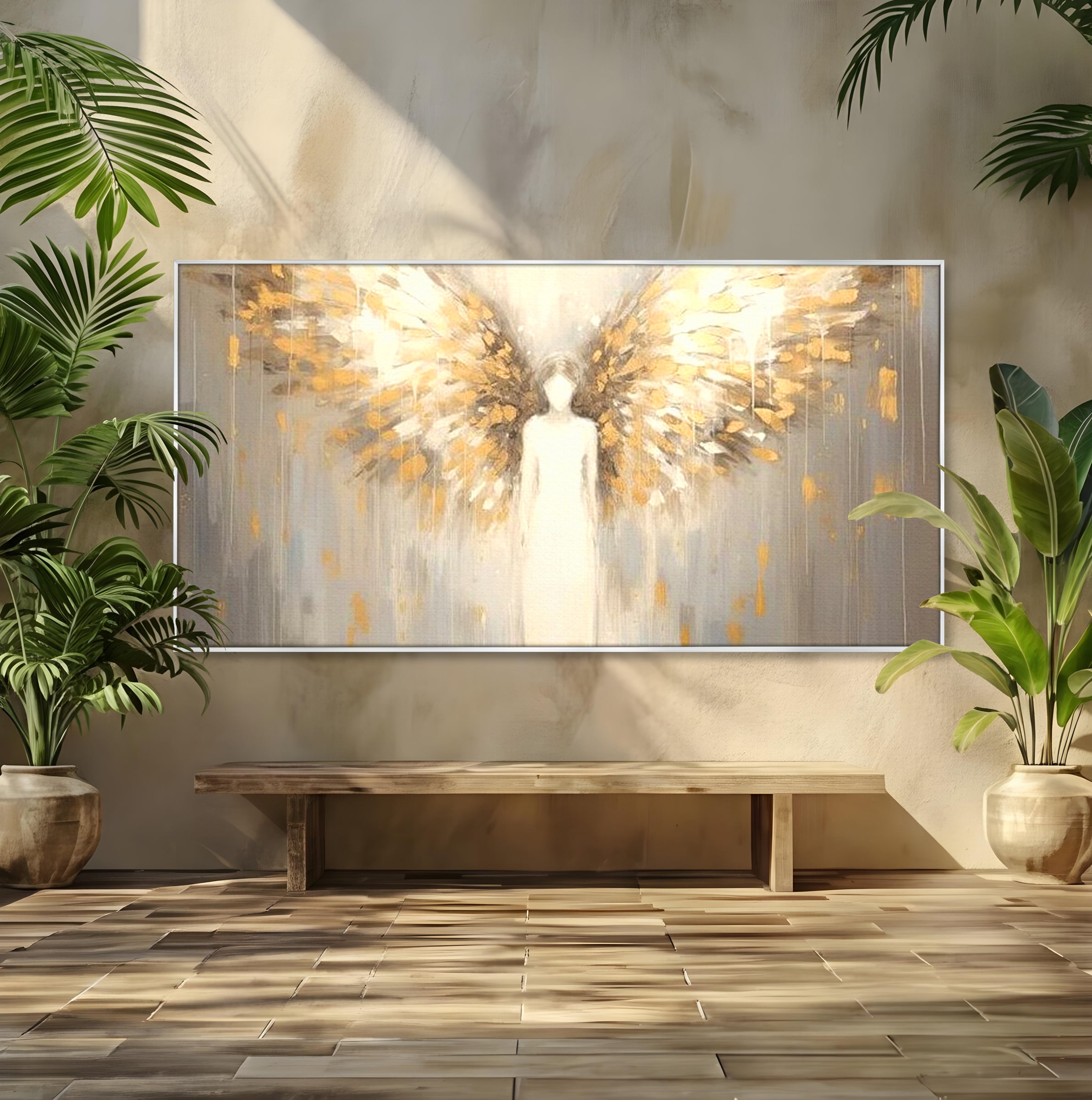 Tablou Canvas Premium LuxCanva® H1047, Gardian Ceresc, Inger, Aripi, Silueta, Spiritualitate, Credinta, Har, Blandete, Fragilitate, Pace, Arta Religioasa, Living, Dormitor