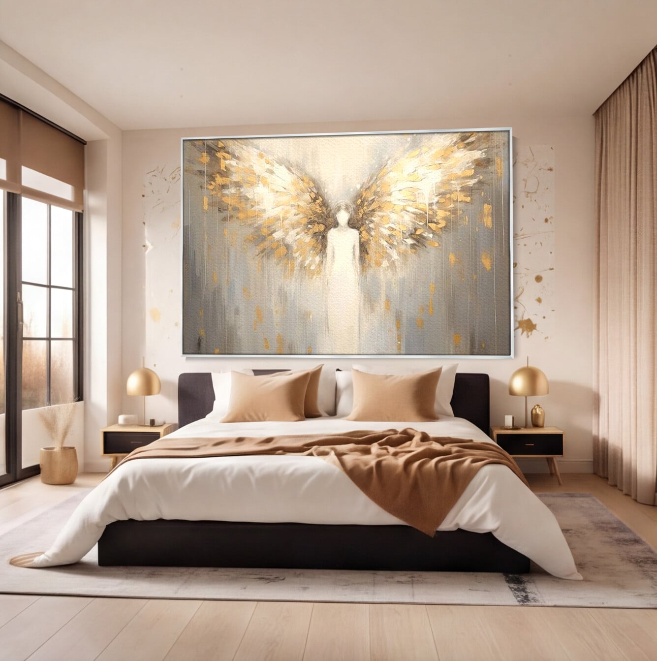 Tablou Canvas Premium LuxCanva® H1047, Gardian Ceresc, Inger, Aripi, Silueta, Spiritualitate, Credinta, Har, Blandete, Fragilitate, Pace, Arta Religioasa, Living, Dormitor
