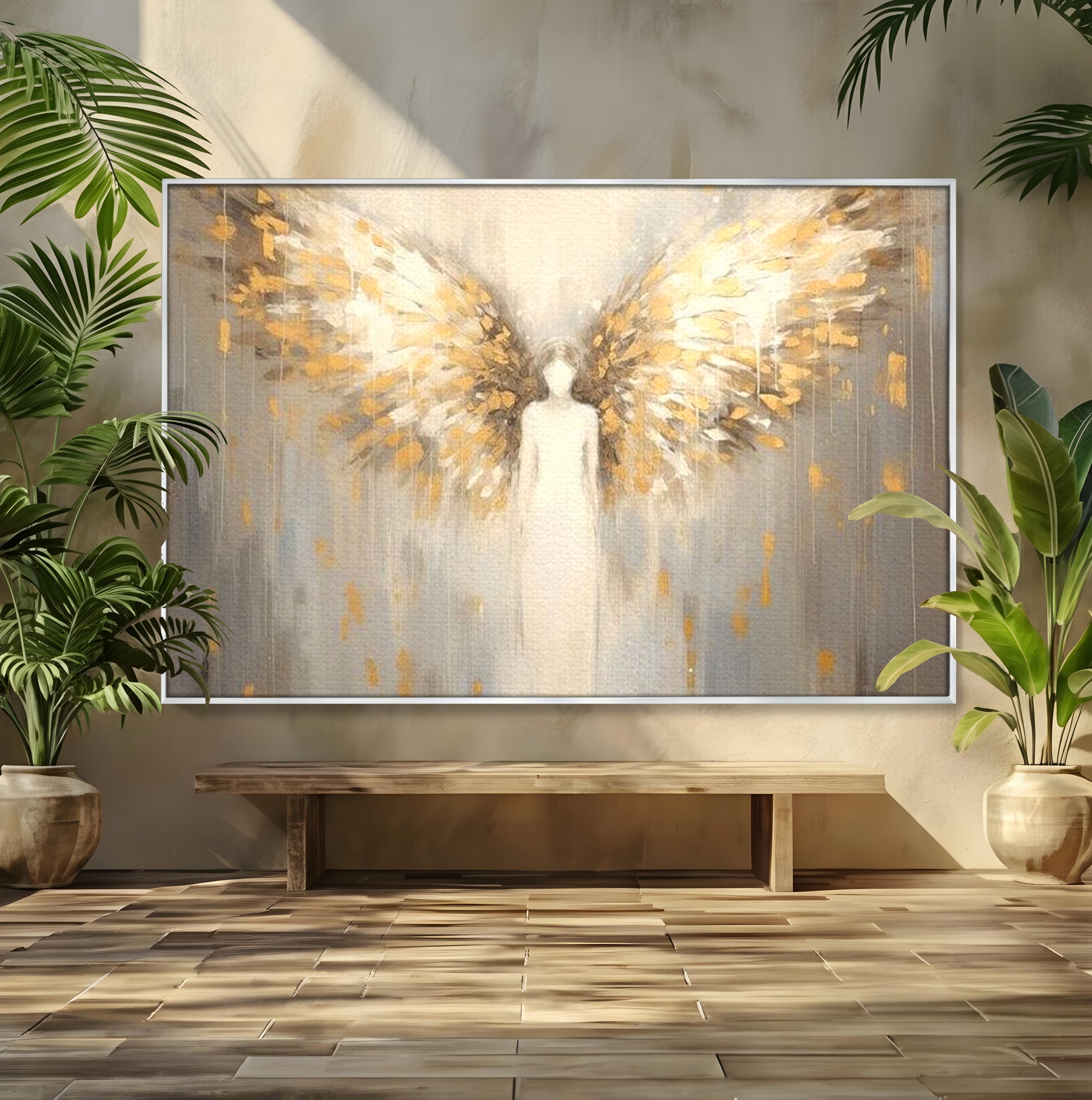 Tablou Canvas Premium LuxCanva® H1047, Gardian Ceresc, Inger, Aripi, Silueta, Spiritualitate, Credinta, Har, Blandete, Fragilitate, Pace, Arta Religioasa, Living, Dormitor