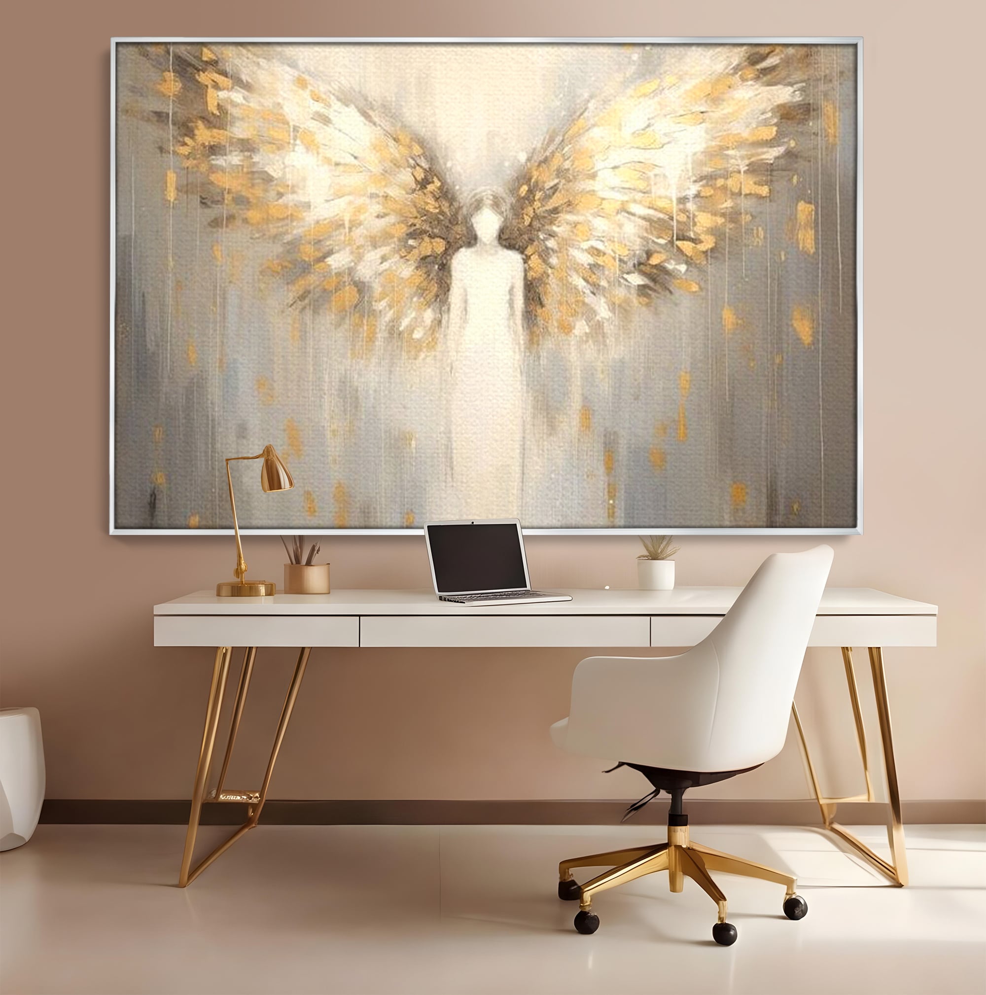 Tablou Canvas Premium LuxCanva® H1047, Gardian Ceresc, Inger, Aripi, Silueta, Spiritualitate, Credinta, Har, Blandete, Fragilitate, Pace, Arta Religioasa, Living, Dormitor