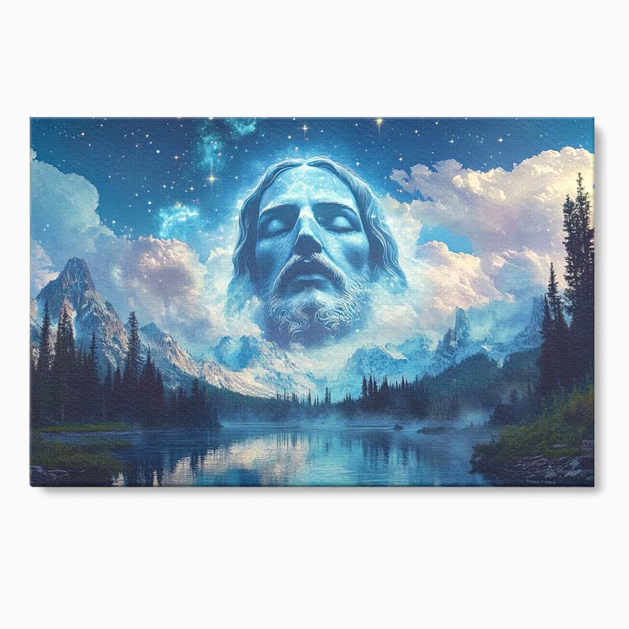Tablou Canvas Premium LuxCanva® H1048, Intre Cer si Pamant, Iisus, Nori, Munti, Apa, Sacrificiu, Mantuire, Credinta, Har, Spiritualitate, Arta Religioasa, Living, Dormitor
