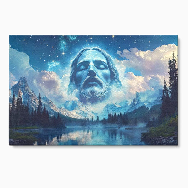 Tablou Canvas Premium LuxCanva® H1048, Intre Cer si Pamant, Iisus, Nori, Munti, Apa, Sacrificiu, Mantuire, Credinta, Har, Spiritualitate, Arta Religioasa, Living, Dormitor