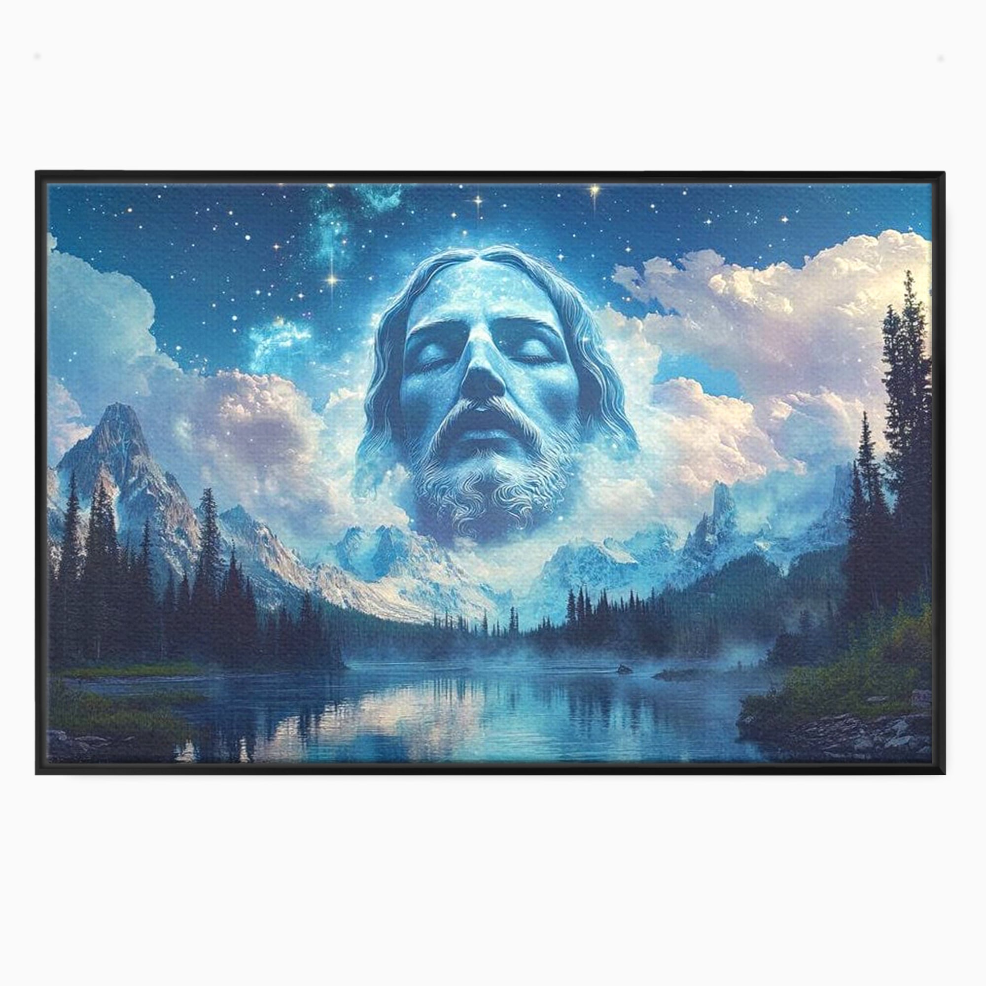 Tablou Canvas Premium LuxCanva® H1048, Intre Cer si Pamant, Iisus, Nori, Munti, Apa, Sacrificiu, Mantuire, Credinta, Har, Spiritualitate, Arta Religioasa, Living, Dormitor