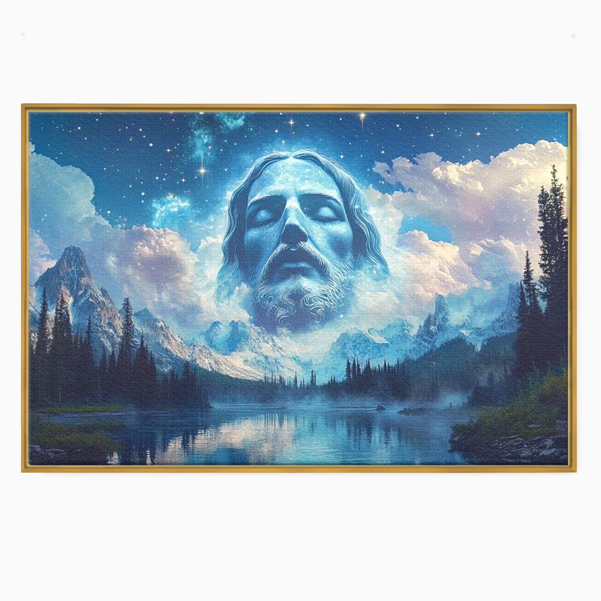 Tablou Canvas Premium LuxCanva® H1048, Intre Cer si Pamant, Iisus, Nori, Munti, Apa, Sacrificiu, Mantuire, Credinta, Har, Spiritualitate, Arta Religioasa, Living, Dormitor