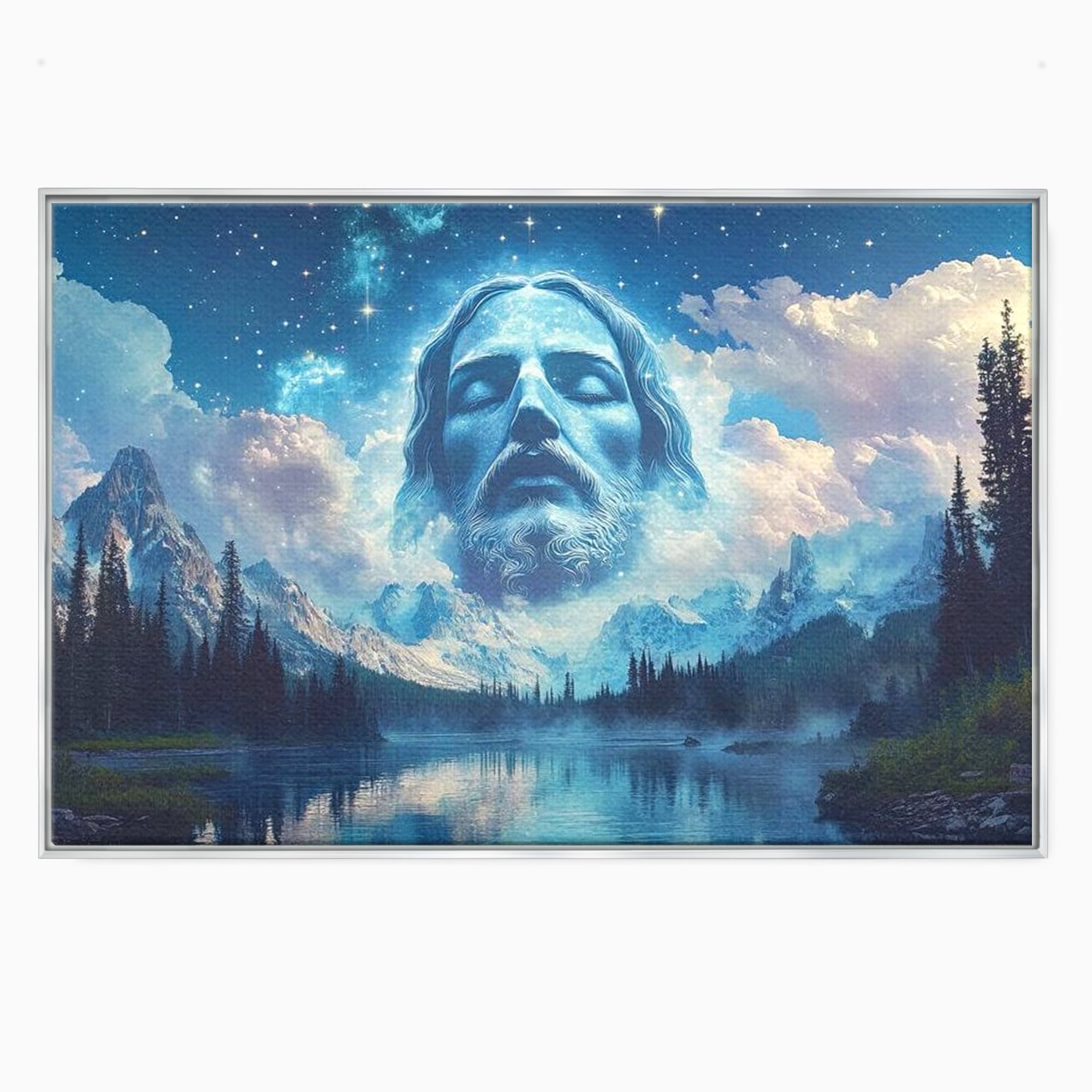 Tablou Canvas Premium LuxCanva® H1048, Intre Cer si Pamant, Iisus, Nori, Munti, Apa, Sacrificiu, Mantuire, Credinta, Har, Spiritualitate, Arta Religioasa, Living, Dormitor