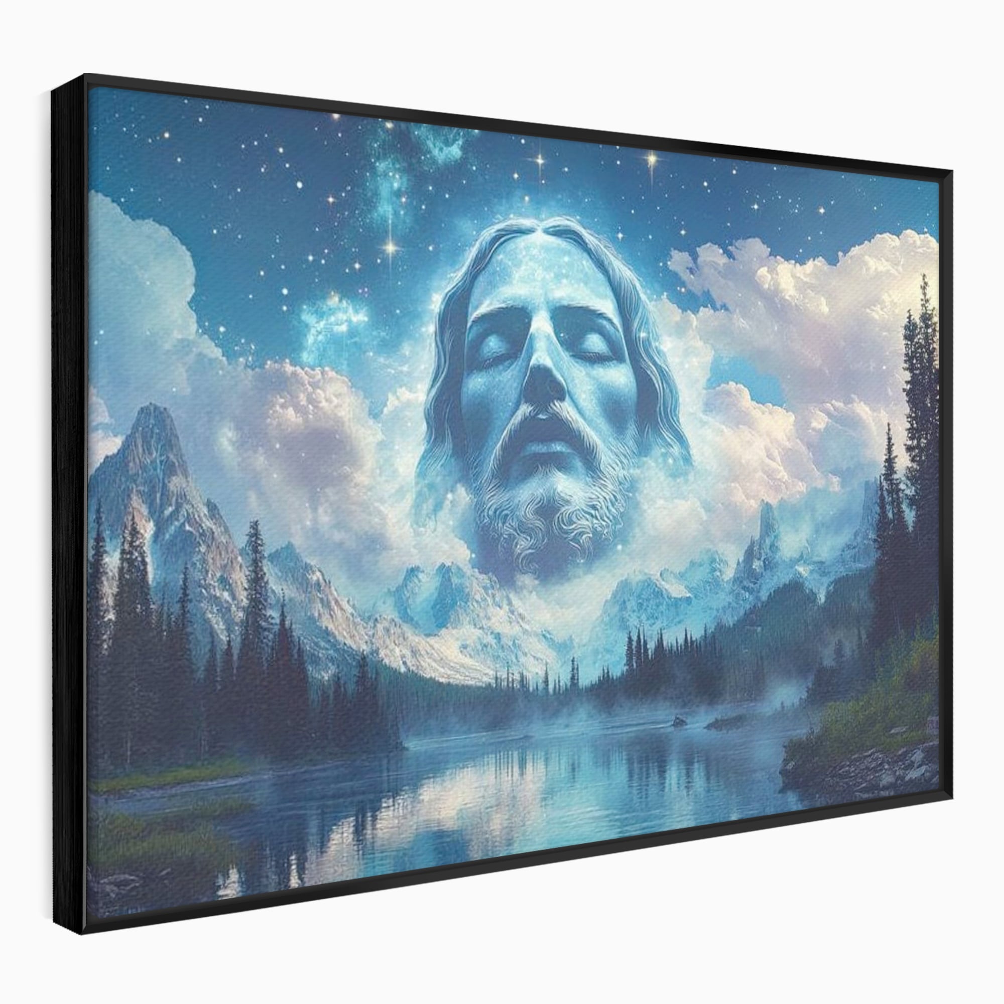 Tablou Canvas Premium LuxCanva® H1048, Intre Cer si Pamant, Iisus, Nori, Munti, Apa, Sacrificiu, Mantuire, Credinta, Har, Spiritualitate, Arta Religioasa, Living, Dormitor