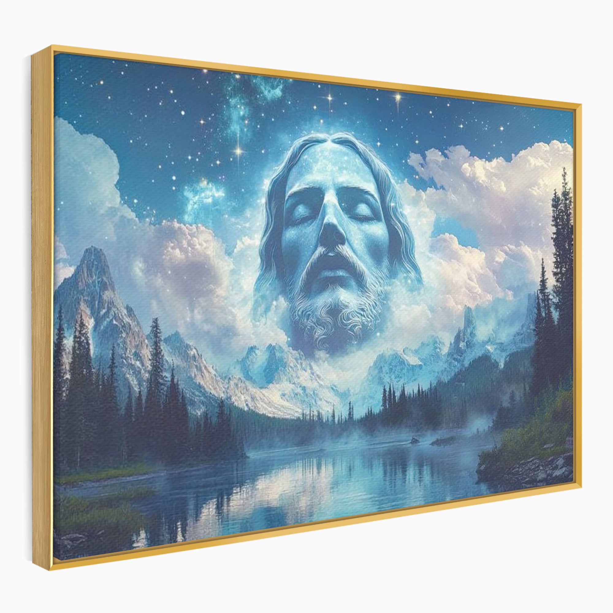 Tablou Canvas Premium LuxCanva® H1048, Intre Cer si Pamant, Iisus, Nori, Munti, Apa, Sacrificiu, Mantuire, Credinta, Har, Spiritualitate, Arta Religioasa, Living, Dormitor