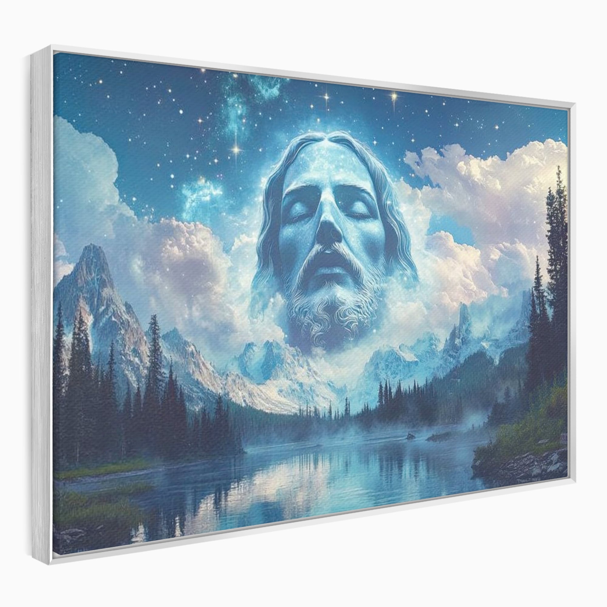 Tablou Canvas Premium LuxCanva® H1048, Intre Cer si Pamant, Iisus, Nori, Munti, Apa, Sacrificiu, Mantuire, Credinta, Har, Spiritualitate, Arta Religioasa, Living, Dormitor