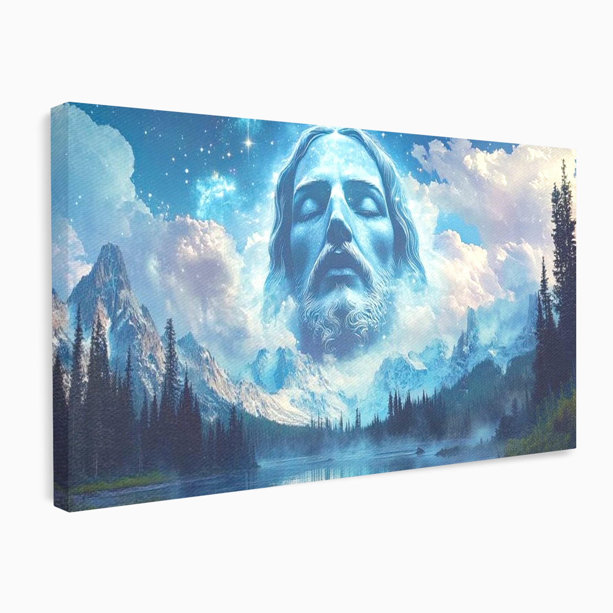 Tablou Canvas Premium LuxCanva® H1048, Intre Cer si Pamant, Iisus, Nori, Munti, Apa, Sacrificiu, Mantuire, Credinta, Har, Spiritualitate, Arta Religioasa, Living, Dormitor