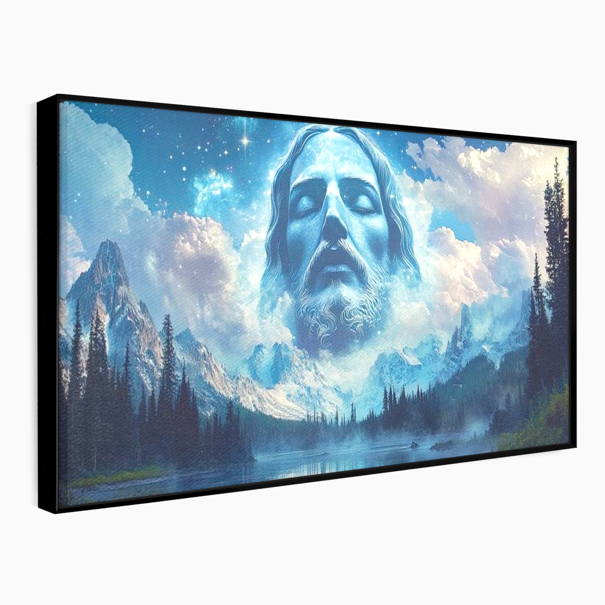 Tablou Canvas Premium LuxCanva® H1048, Intre Cer si Pamant, Iisus, Nori, Munti, Apa, Sacrificiu, Mantuire, Credinta, Har, Spiritualitate, Arta Religioasa, Living, Dormitor
