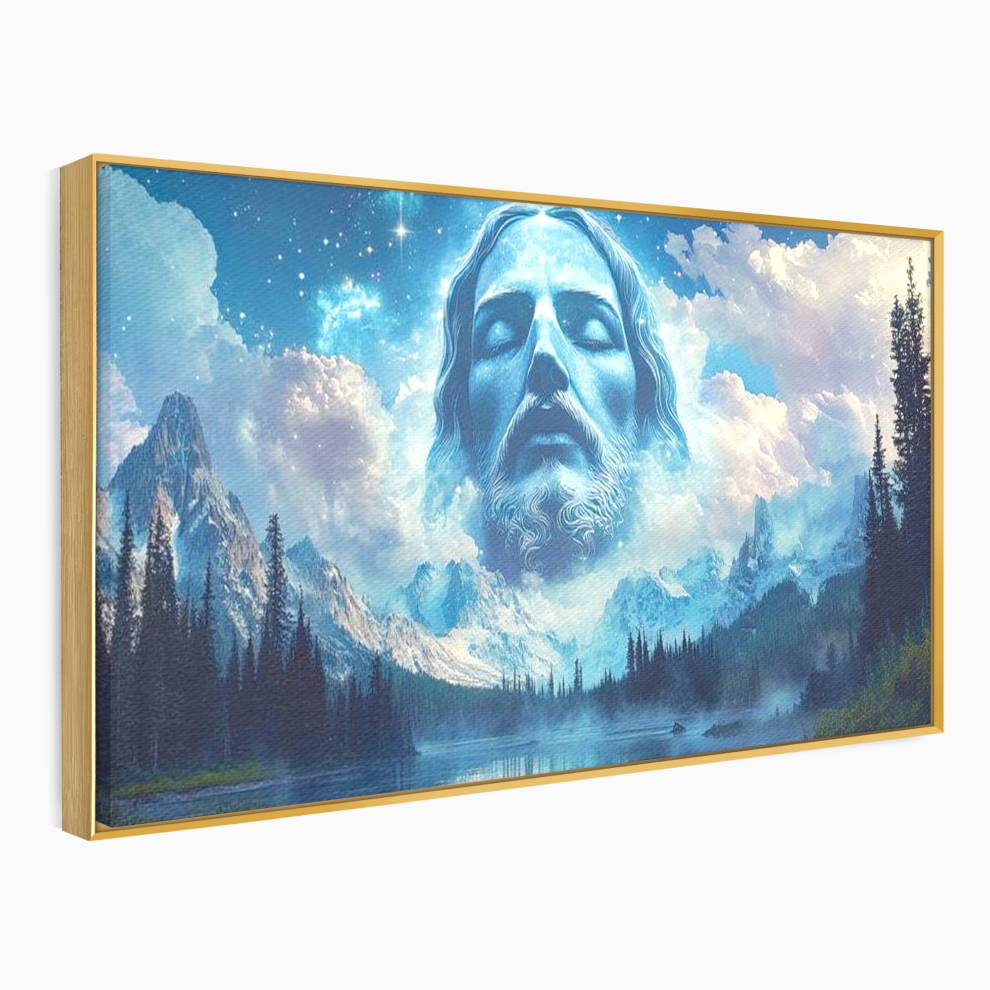 Tablou Canvas Premium LuxCanva® H1048, Intre Cer si Pamant, Iisus, Nori, Munti, Apa, Sacrificiu, Mantuire, Credinta, Har, Spiritualitate, Arta Religioasa, Living, Dormitor
