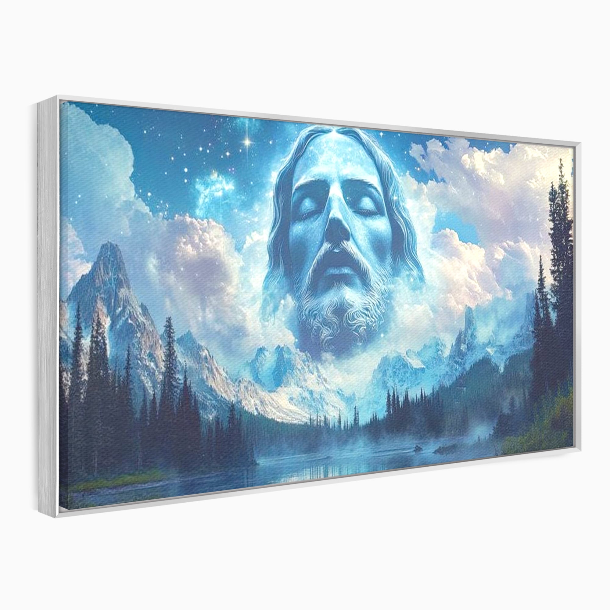 Tablou Canvas Premium LuxCanva® H1048, Intre Cer si Pamant, Iisus, Nori, Munti, Apa, Sacrificiu, Mantuire, Credinta, Har, Spiritualitate, Arta Religioasa, Living, Dormitor