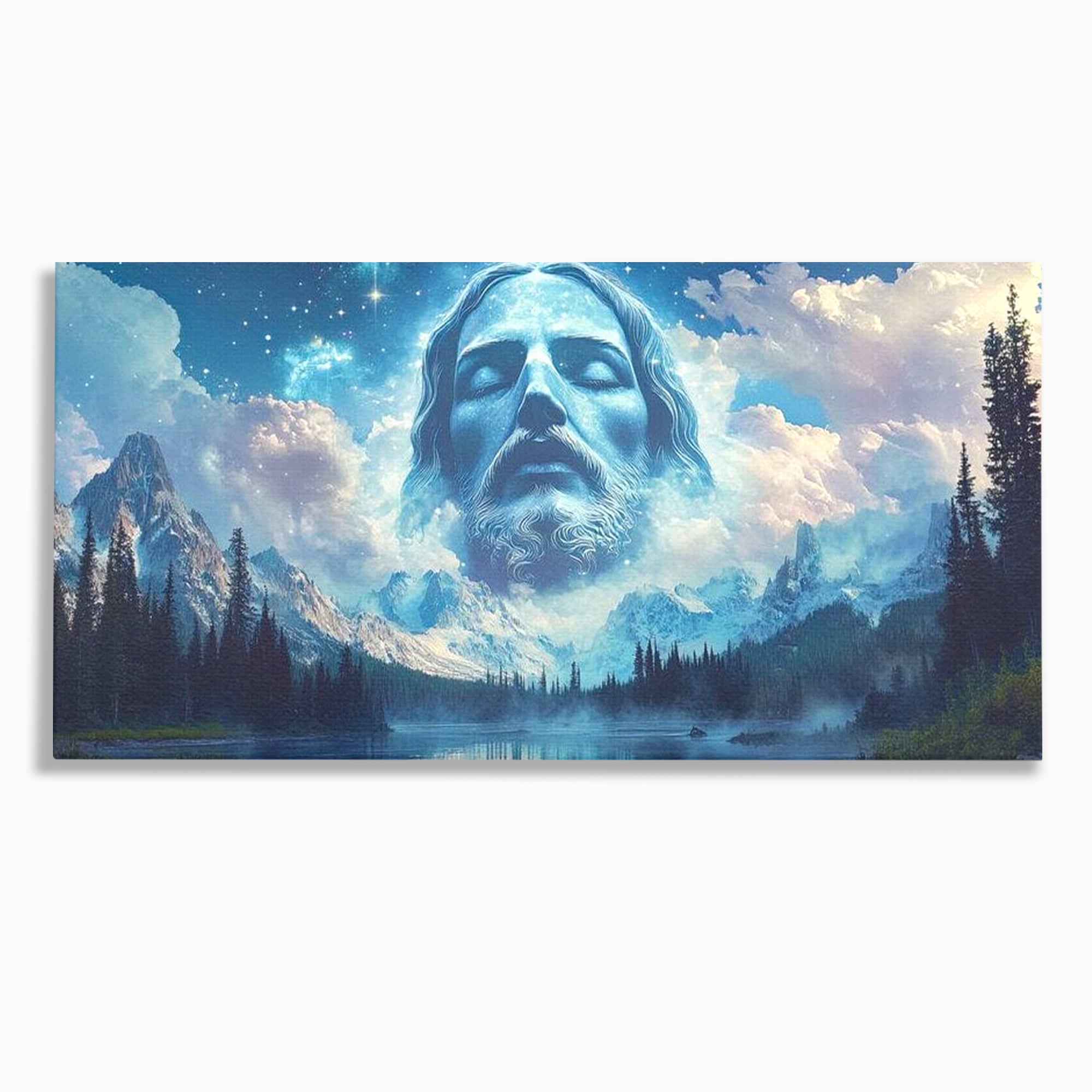 Tablou Canvas Premium LuxCanva® H1048, Intre Cer si Pamant, Iisus, Nori, Munti, Apa, Sacrificiu, Mantuire, Credinta, Har, Spiritualitate, Arta Religioasa, Living, Dormitor