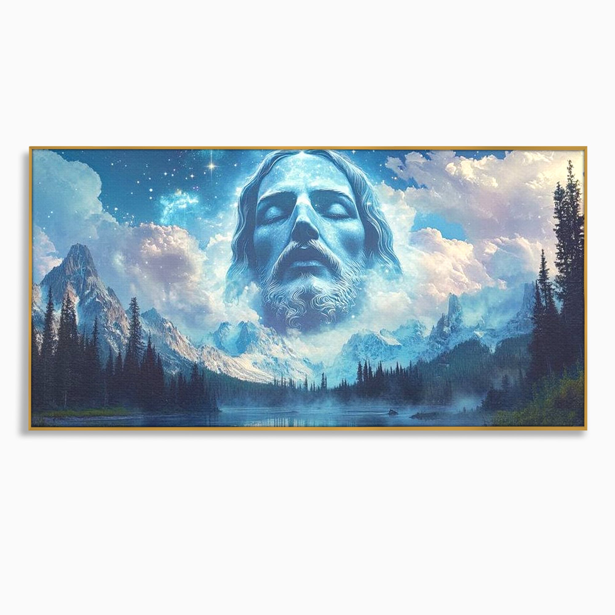 Tablou Canvas Premium LuxCanva® H1048, Intre Cer si Pamant, Iisus, Nori, Munti, Apa, Sacrificiu, Mantuire, Credinta, Har, Spiritualitate, Arta Religioasa, Living, Dormitor