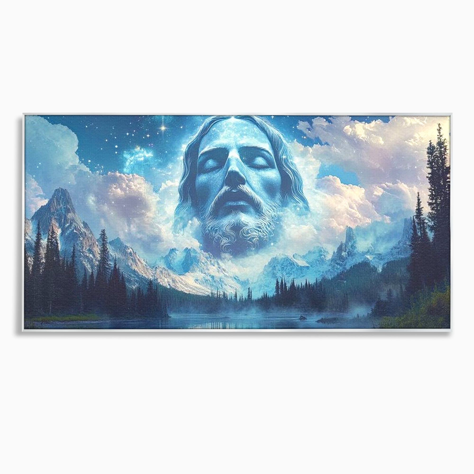 Tablou Canvas Premium LuxCanva® H1048, Intre Cer si Pamant, Iisus, Nori, Munti, Apa, Sacrificiu, Mantuire, Credinta, Har, Spiritualitate, Arta Religioasa, Living, Dormitor