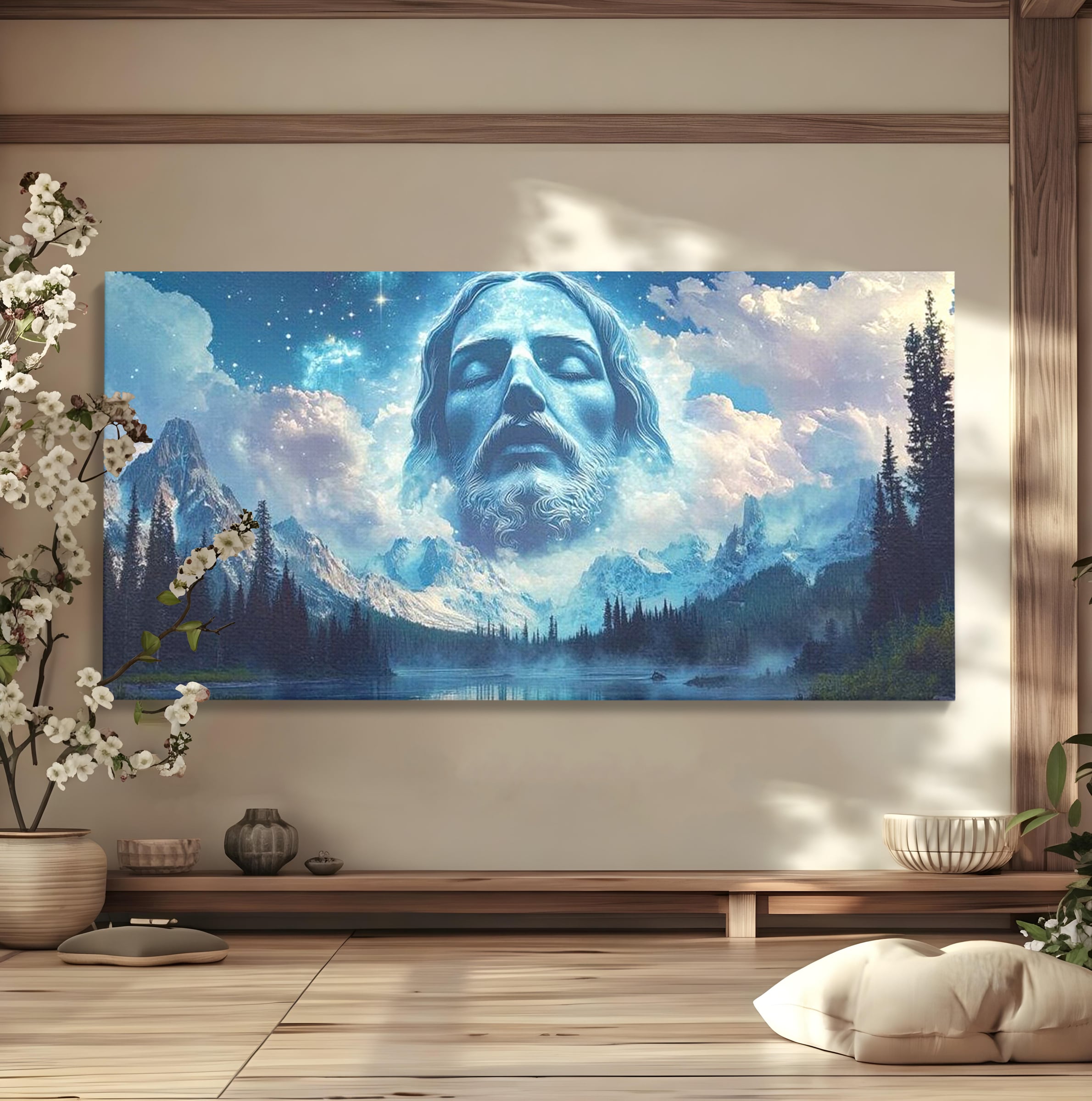 Tablou Canvas Premium LuxCanva® H1048, Intre Cer si Pamant, Iisus, Nori, Munti, Apa, Sacrificiu, Mantuire, Credinta, Har, Spiritualitate, Arta Religioasa, Living, Dormitor