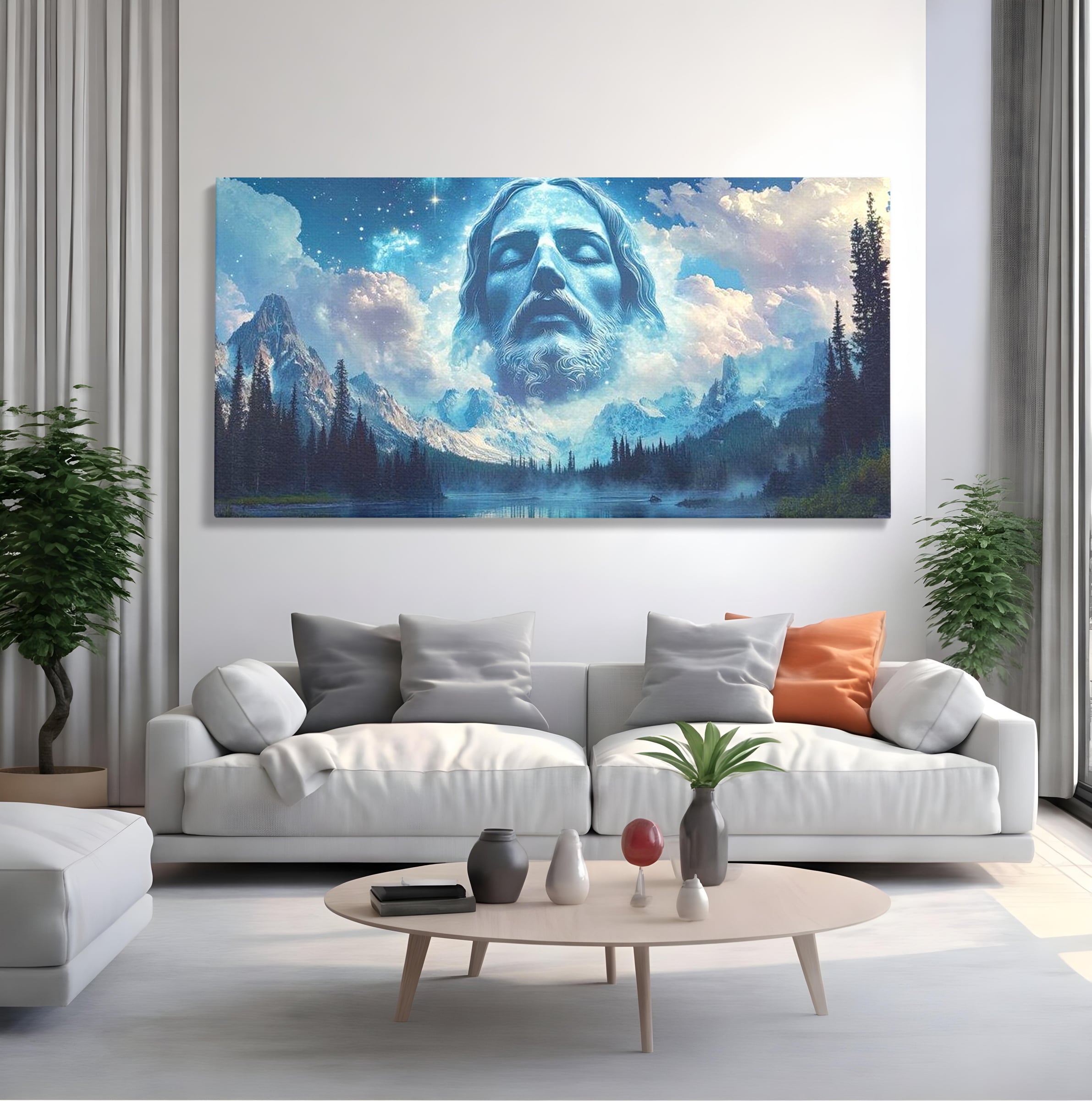 Tablou Canvas Premium LuxCanva® H1048, Intre Cer si Pamant, Iisus, Nori, Munti, Apa, Sacrificiu, Mantuire, Credinta, Har, Spiritualitate, Arta Religioasa, Living, Dormitor