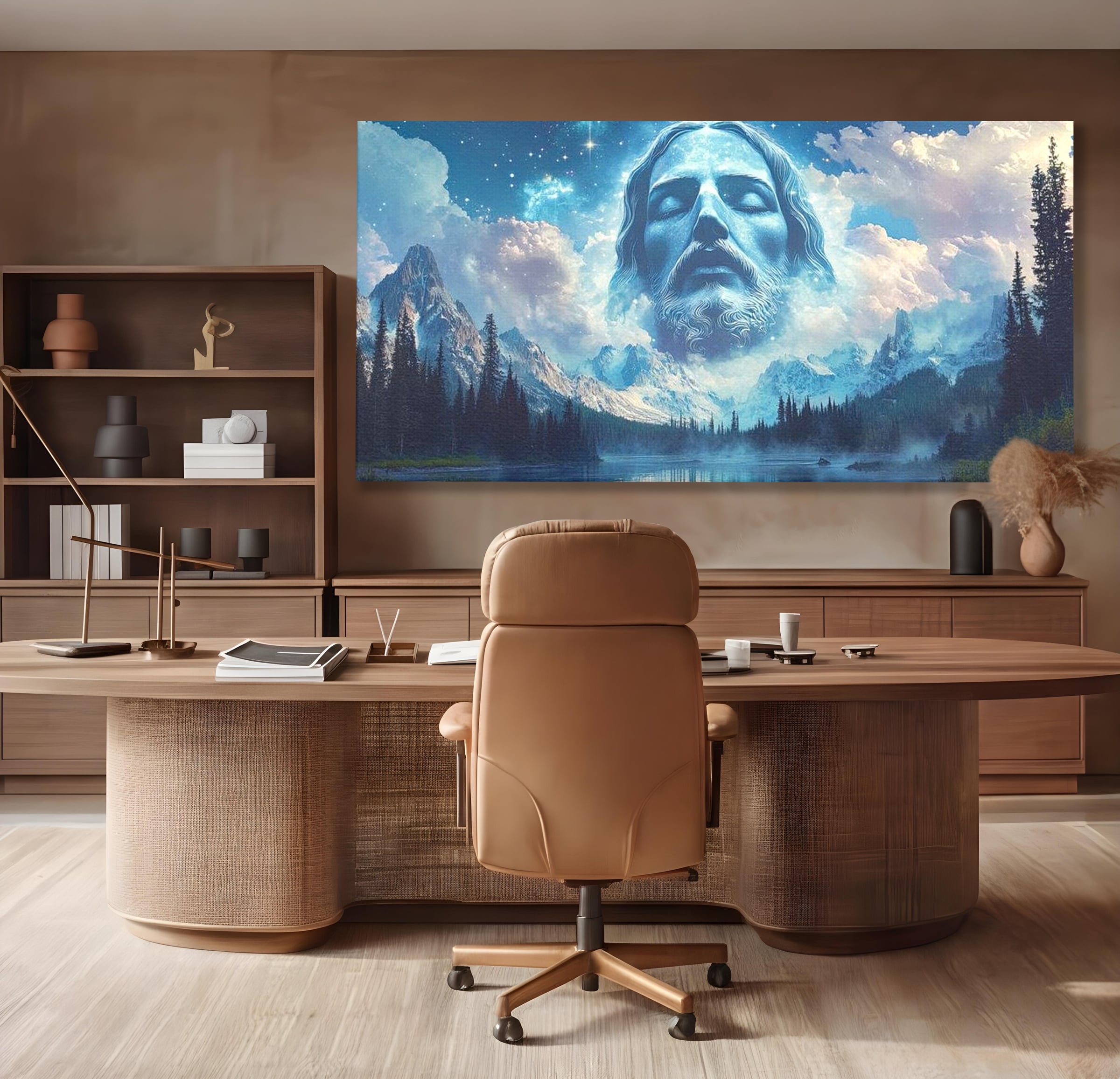 Tablou Canvas Premium LuxCanva® H1048, Intre Cer si Pamant, Iisus, Nori, Munti, Apa, Sacrificiu, Mantuire, Credinta, Har, Spiritualitate, Arta Religioasa, Living, Dormitor