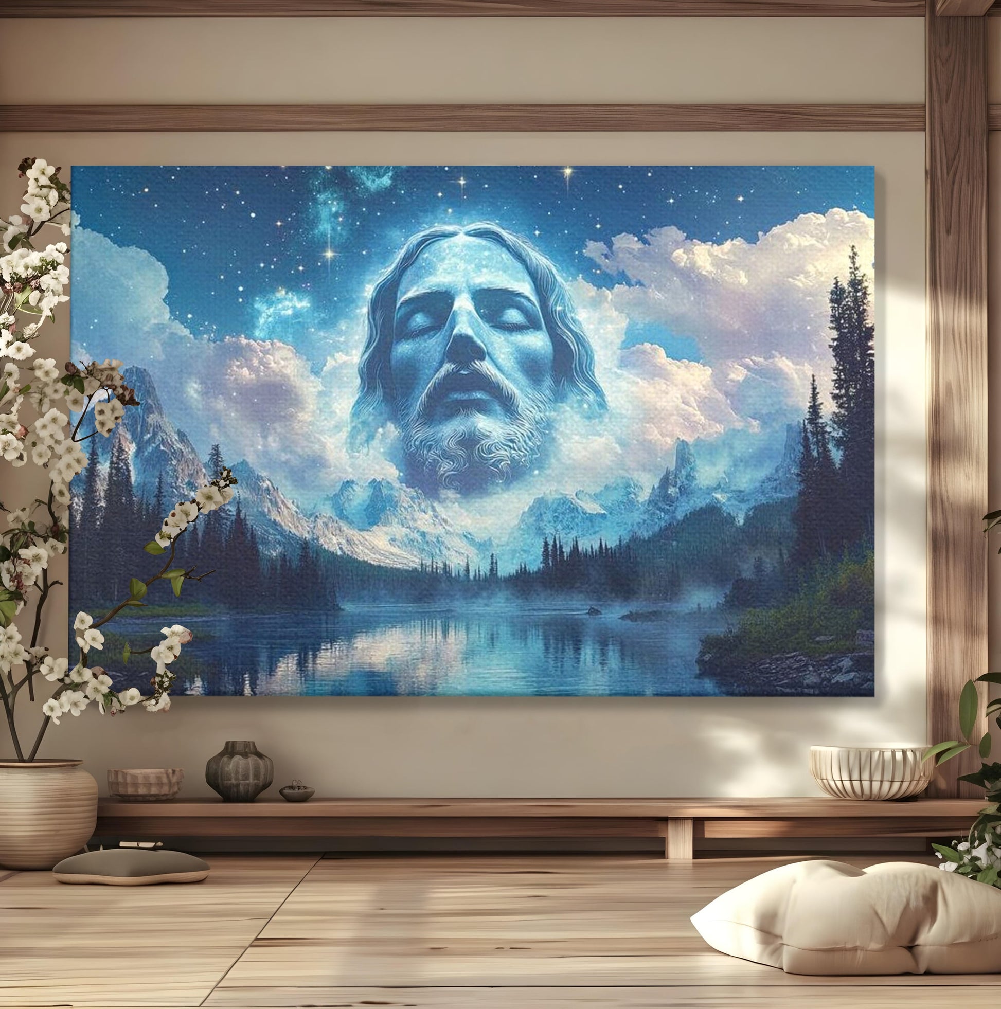 Tablou Canvas Premium LuxCanva® H1048, Intre Cer si Pamant, Iisus, Nori, Munti, Apa, Sacrificiu, Mantuire, Credinta, Har, Spiritualitate, Arta Religioasa, Living, Dormitor