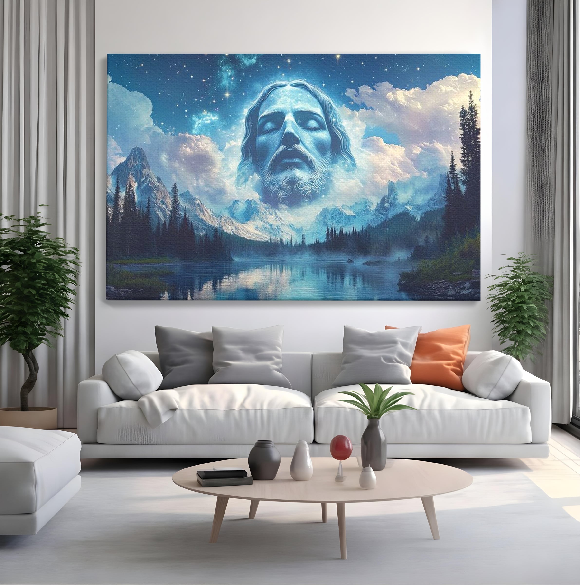 Tablou Canvas Premium LuxCanva® H1048, Intre Cer si Pamant, Iisus, Nori, Munti, Apa, Sacrificiu, Mantuire, Credinta, Har, Spiritualitate, Arta Religioasa, Living, Dormitor