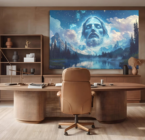 Tablou Canvas Premium LuxCanva® H1048, Intre Cer si Pamant, Iisus, Nori, Munti, Apa, Sacrificiu, Mantuire, Credinta, Har, Spiritualitate, Arta Religioasa, Living, Dormitor