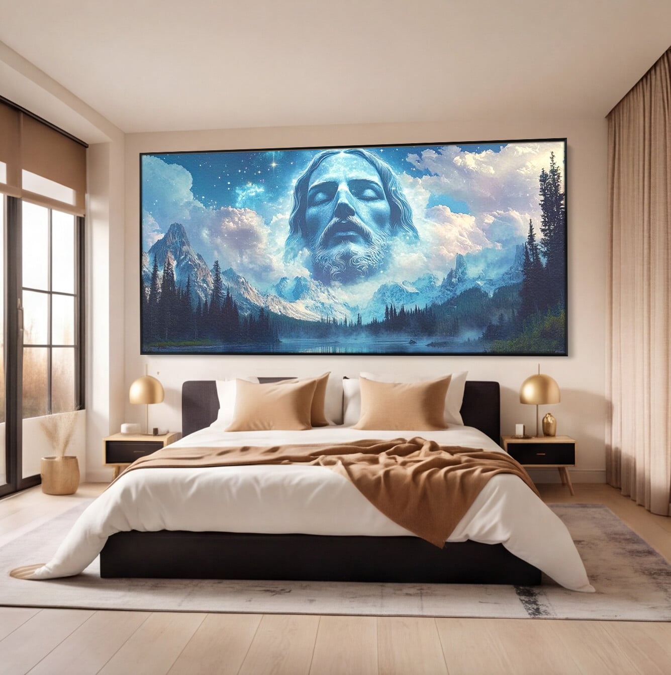 Tablou Canvas Premium LuxCanva® H1048, Intre Cer si Pamant, Iisus, Nori, Munti, Apa, Sacrificiu, Mantuire, Credinta, Har, Spiritualitate, Arta Religioasa, Living, Dormitor