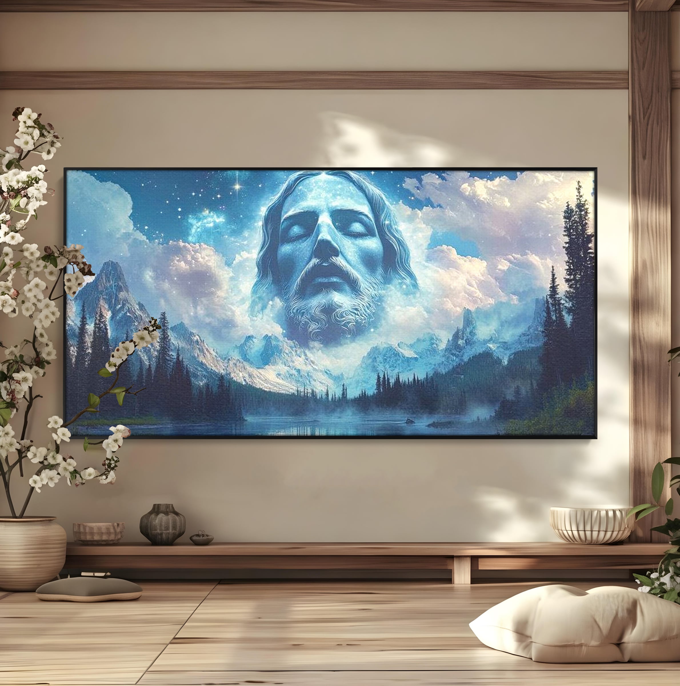 Tablou Canvas Premium LuxCanva® H1048, Intre Cer si Pamant, Iisus, Nori, Munti, Apa, Sacrificiu, Mantuire, Credinta, Har, Spiritualitate, Arta Religioasa, Living, Dormitor