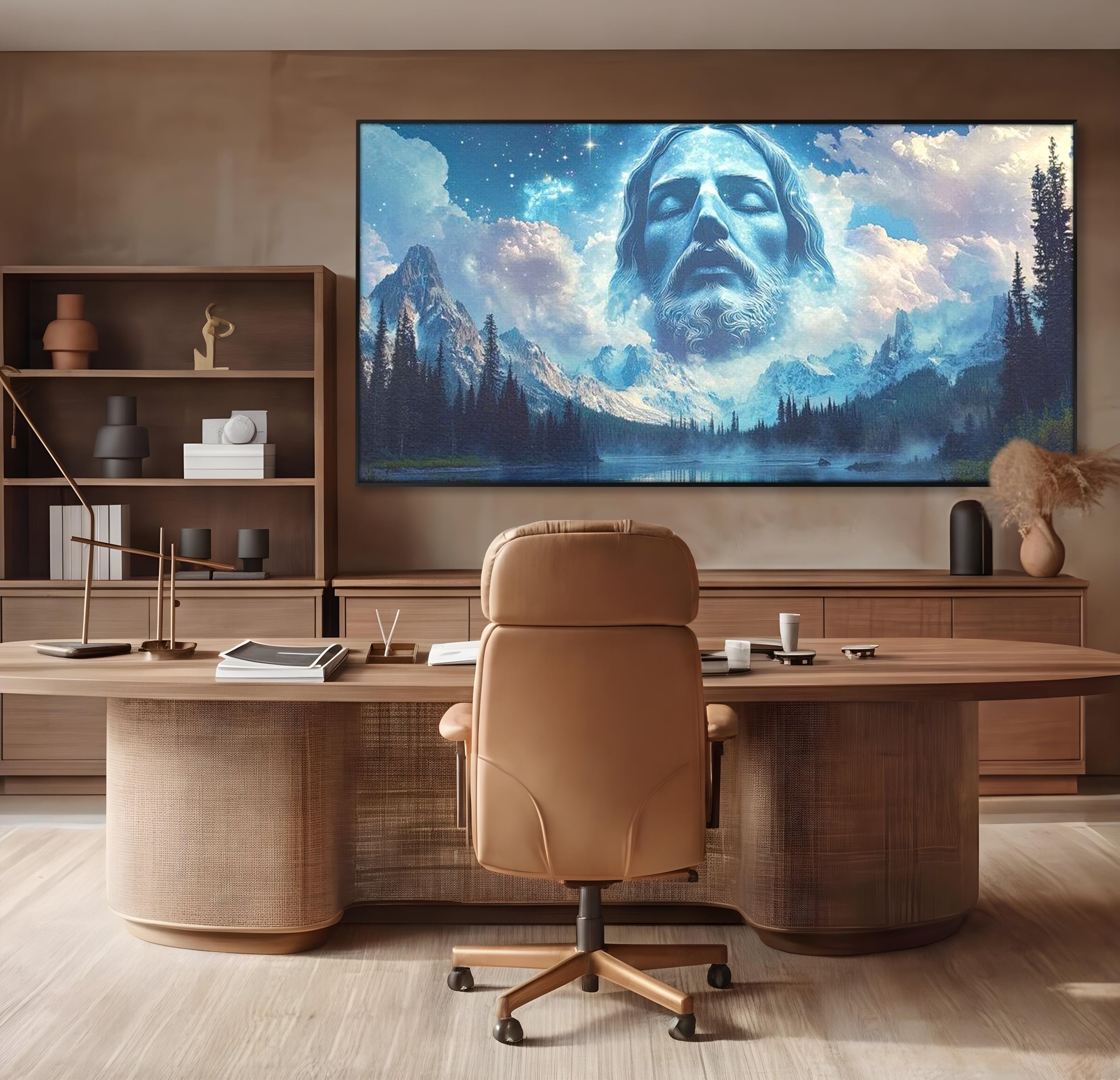 Tablou Canvas Premium LuxCanva® H1048, Intre Cer si Pamant, Iisus, Nori, Munti, Apa, Sacrificiu, Mantuire, Credinta, Har, Spiritualitate, Arta Religioasa, Living, Dormitor