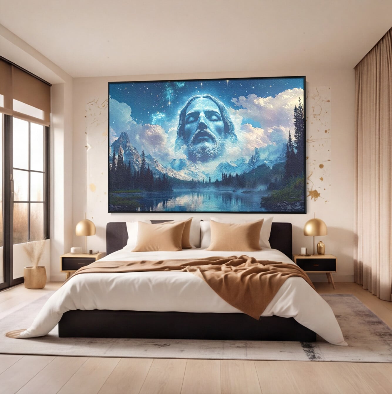 Tablou Canvas Premium LuxCanva® H1048, Intre Cer si Pamant, Iisus, Nori, Munti, Apa, Sacrificiu, Mantuire, Credinta, Har, Spiritualitate, Arta Religioasa, Living, Dormitor