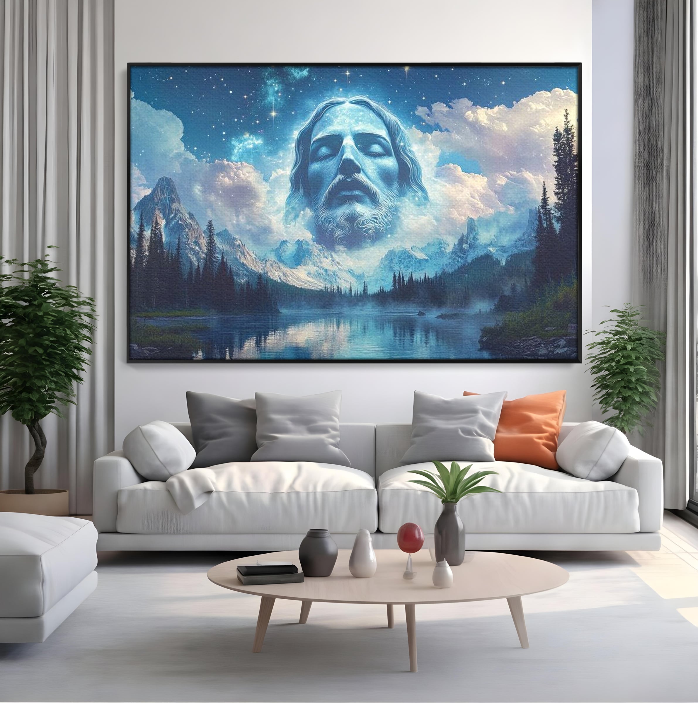 Tablou Canvas Premium LuxCanva® H1048, Intre Cer si Pamant, Iisus, Nori, Munti, Apa, Sacrificiu, Mantuire, Credinta, Har, Spiritualitate, Arta Religioasa, Living, Dormitor