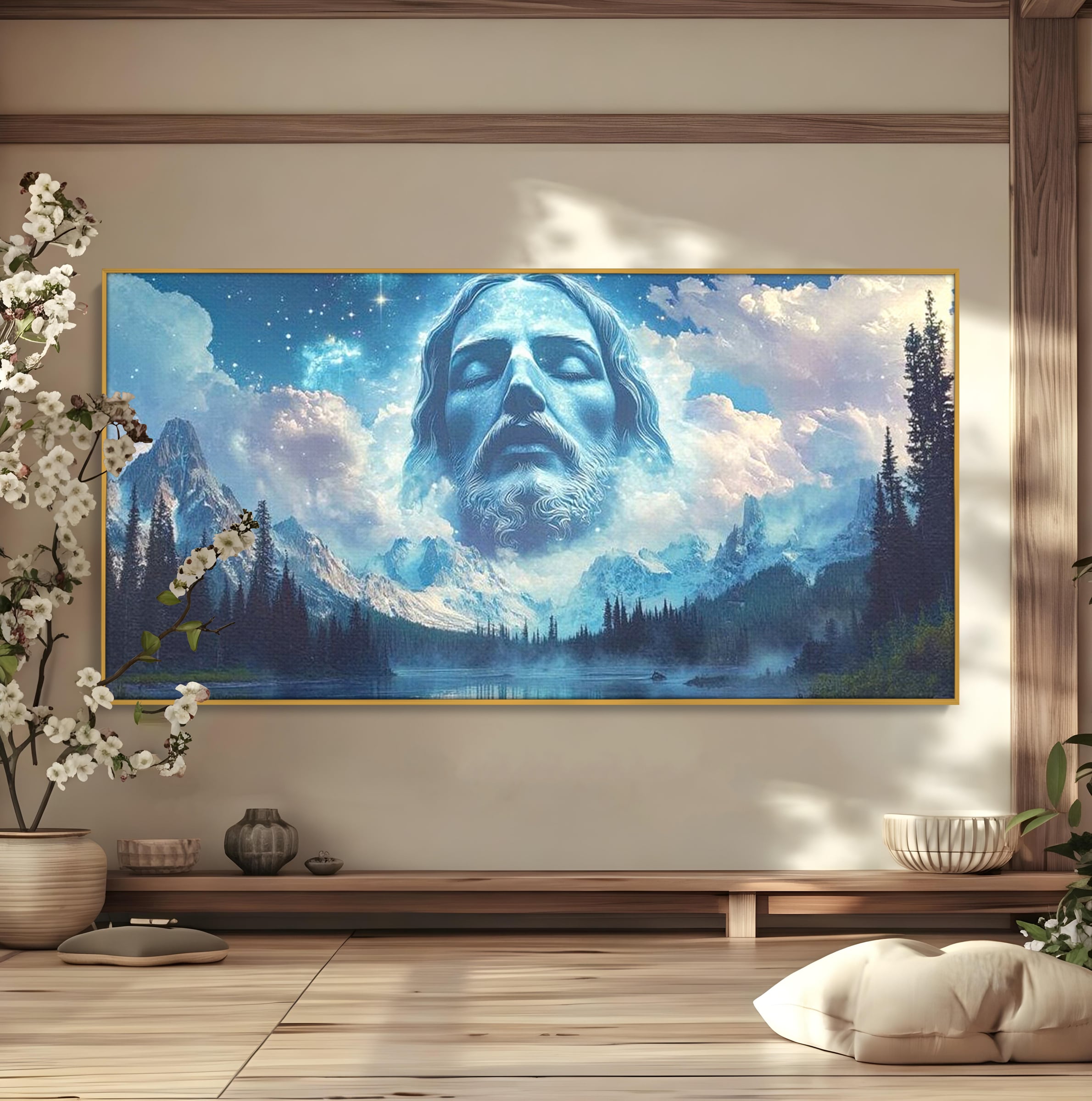 Tablou Canvas Premium LuxCanva® H1048, Intre Cer si Pamant, Iisus, Nori, Munti, Apa, Sacrificiu, Mantuire, Credinta, Har, Spiritualitate, Arta Religioasa, Living, Dormitor