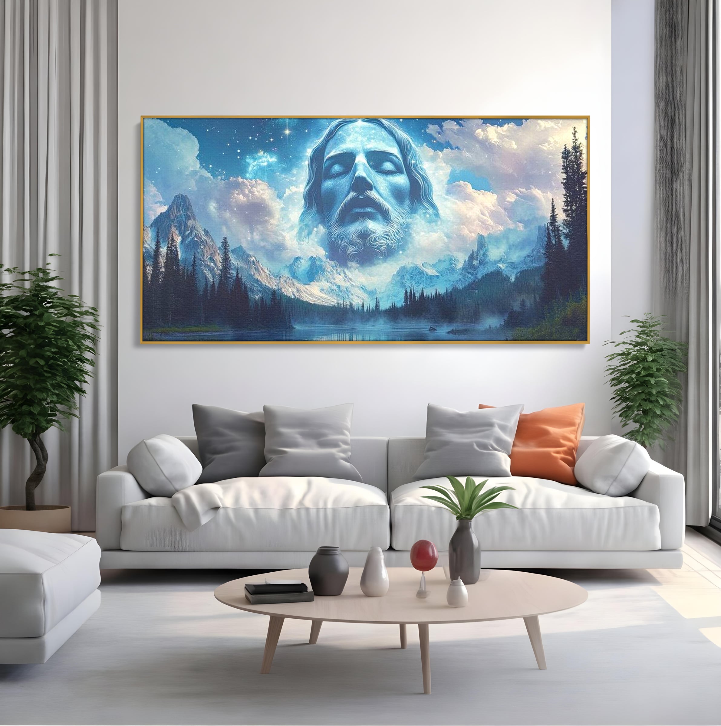 Tablou Canvas Premium LuxCanva® H1048, Intre Cer si Pamant, Iisus, Nori, Munti, Apa, Sacrificiu, Mantuire, Credinta, Har, Spiritualitate, Arta Religioasa, Living, Dormitor