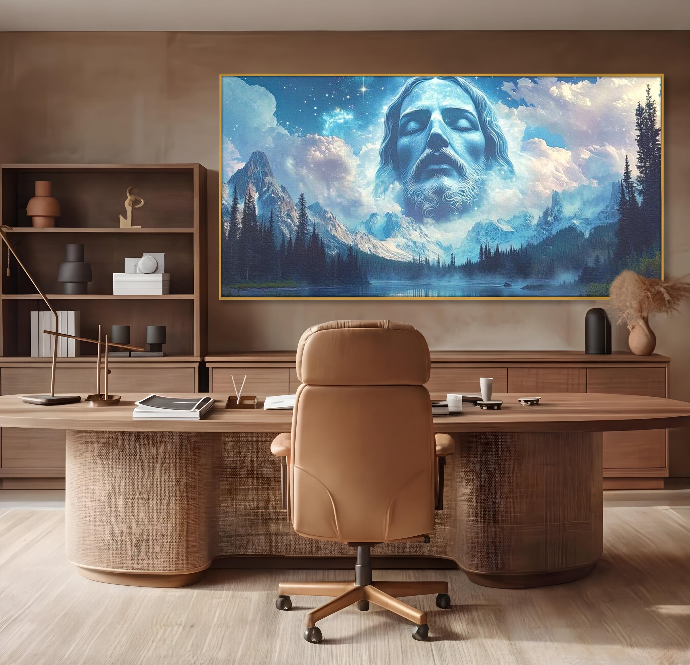 Tablou Canvas Premium LuxCanva® H1048, Intre Cer si Pamant, Iisus, Nori, Munti, Apa, Sacrificiu, Mantuire, Credinta, Har, Spiritualitate, Arta Religioasa, Living, Dormitor