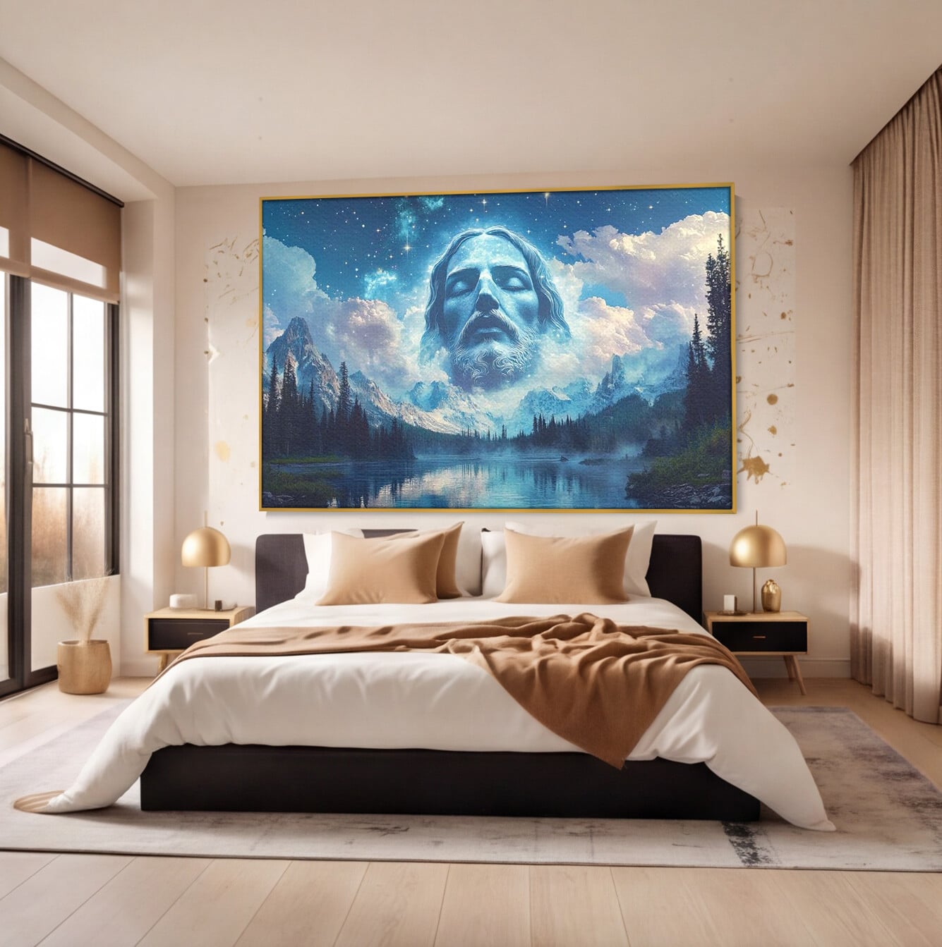 Tablou Canvas Premium LuxCanva® H1048, Intre Cer si Pamant, Iisus, Nori, Munti, Apa, Sacrificiu, Mantuire, Credinta, Har, Spiritualitate, Arta Religioasa, Living, Dormitor