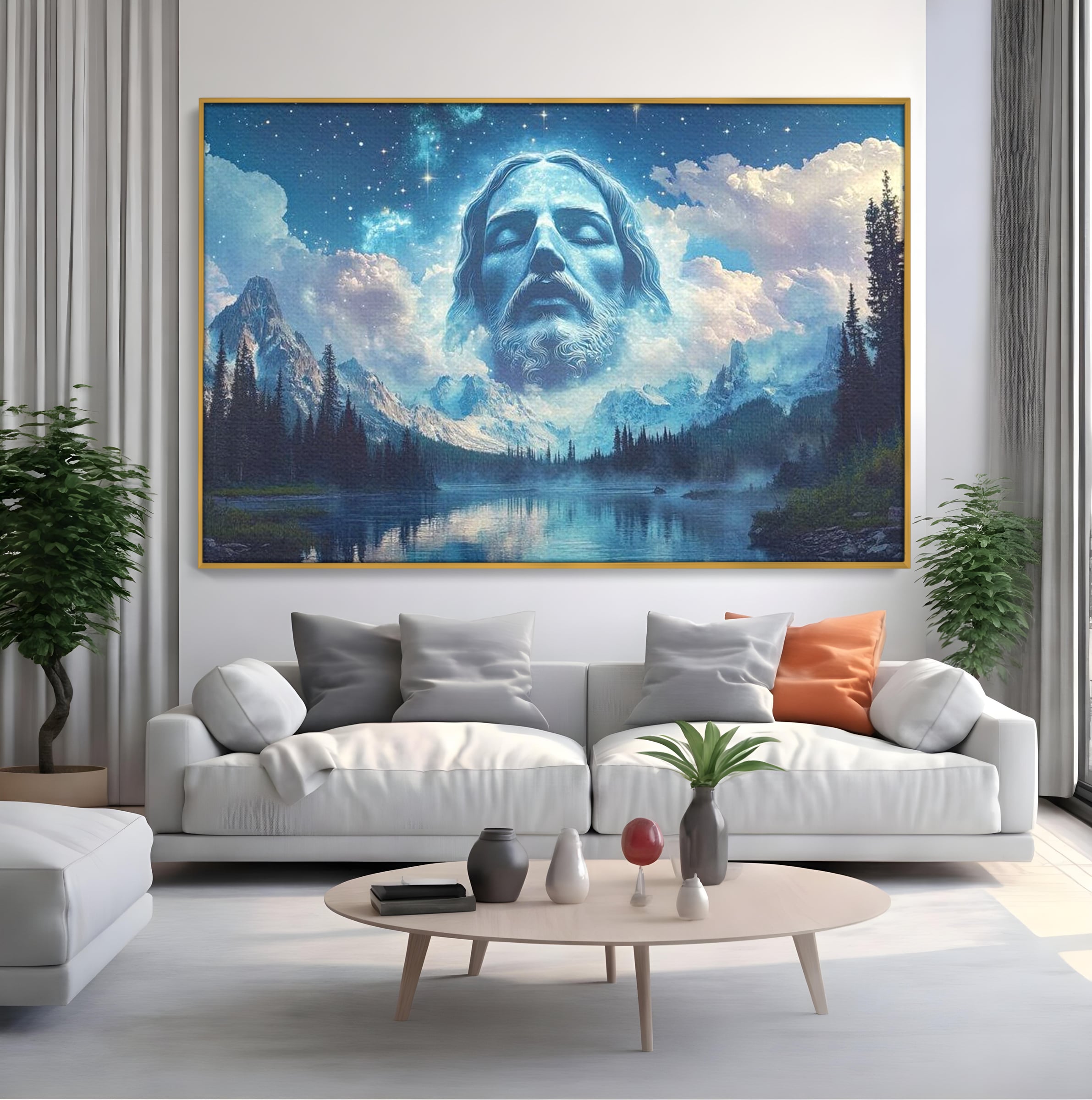 Tablou Canvas Premium LuxCanva® H1048, Intre Cer si Pamant, Iisus, Nori, Munti, Apa, Sacrificiu, Mantuire, Credinta, Har, Spiritualitate, Arta Religioasa, Living, Dormitor