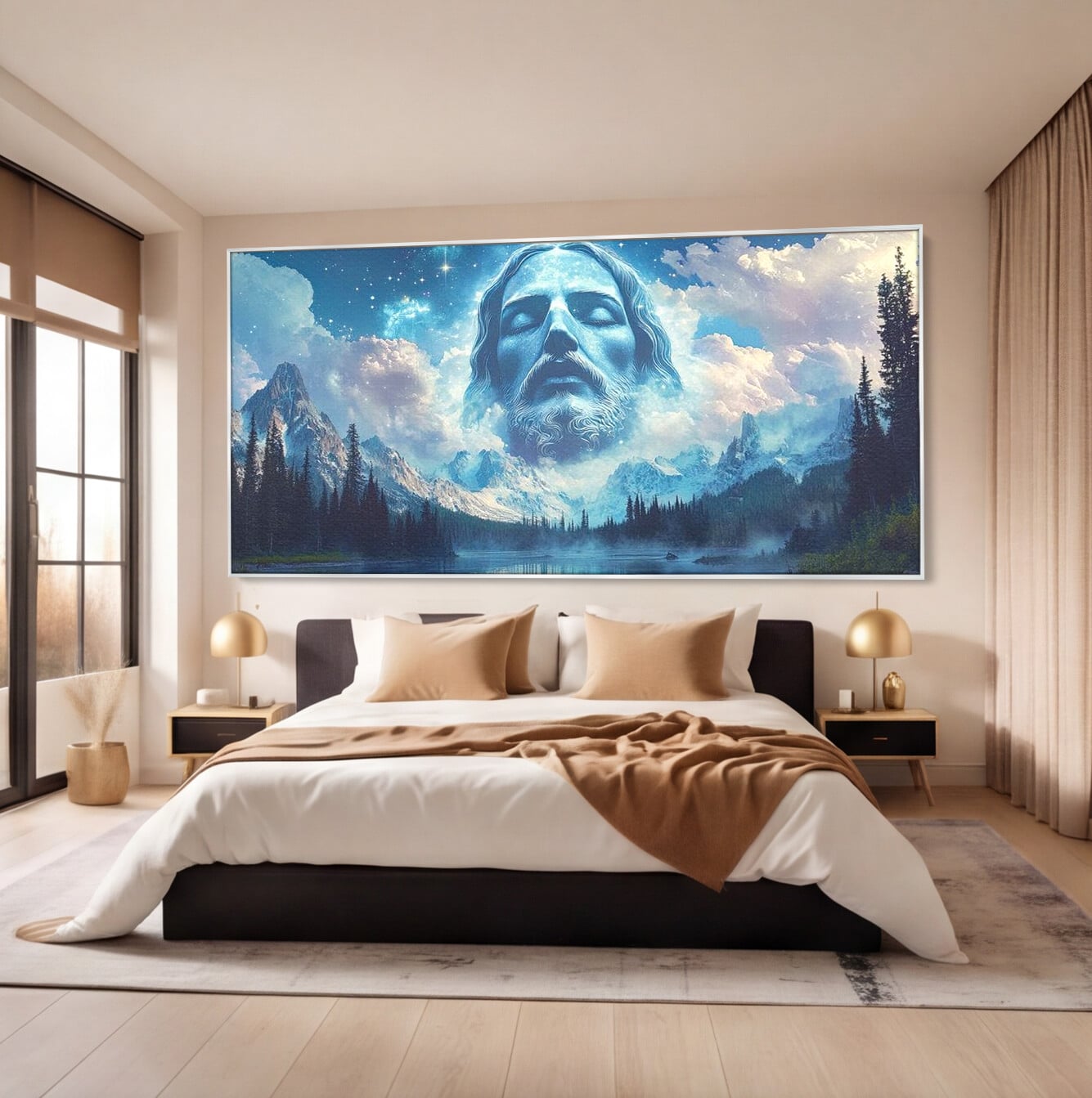 Tablou Canvas Premium LuxCanva® H1048, Intre Cer si Pamant, Iisus, Nori, Munti, Apa, Sacrificiu, Mantuire, Credinta, Har, Spiritualitate, Arta Religioasa, Living, Dormitor