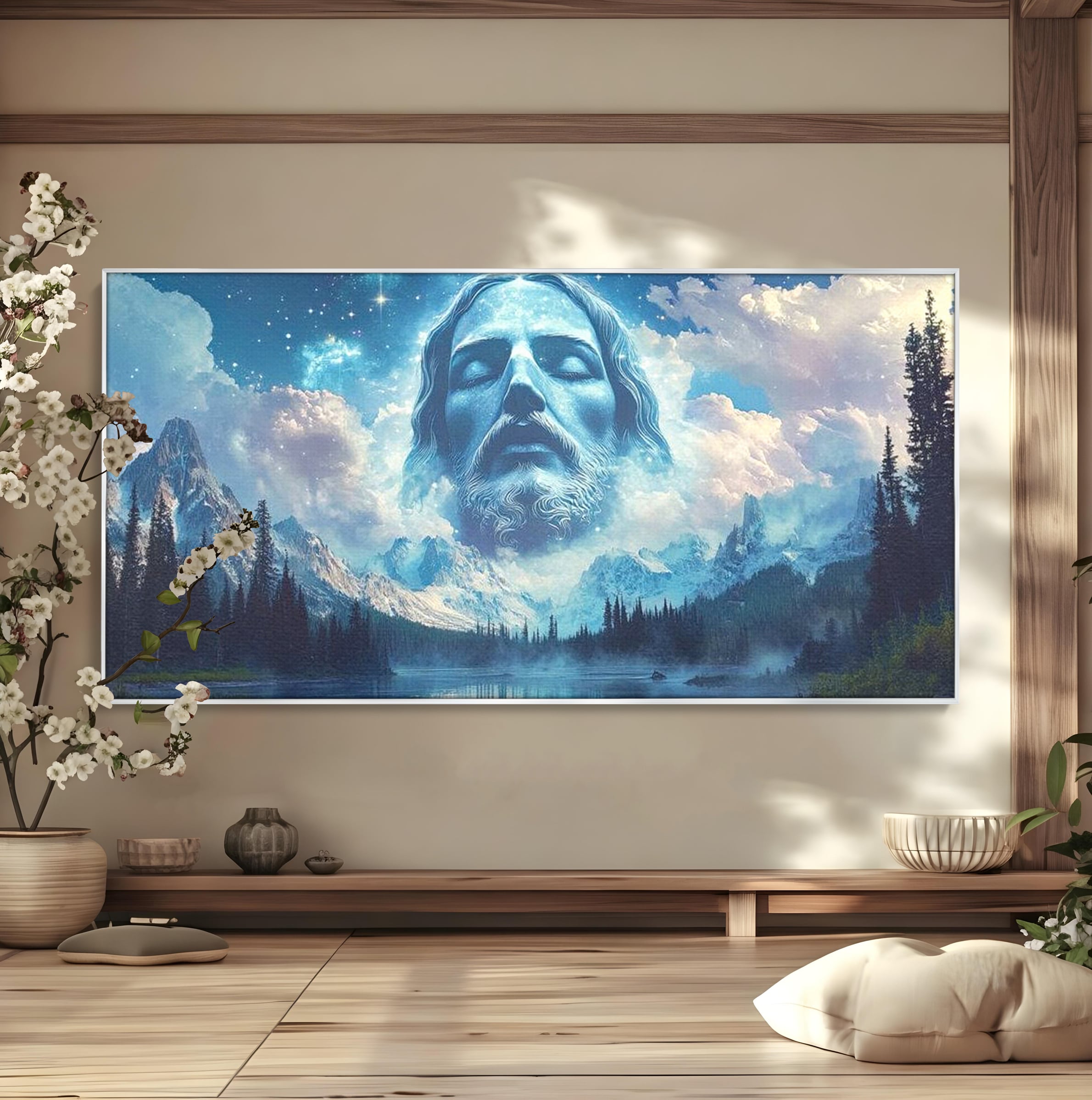 Tablou Canvas Premium LuxCanva® H1048, Intre Cer si Pamant, Iisus, Nori, Munti, Apa, Sacrificiu, Mantuire, Credinta, Har, Spiritualitate, Arta Religioasa, Living, Dormitor