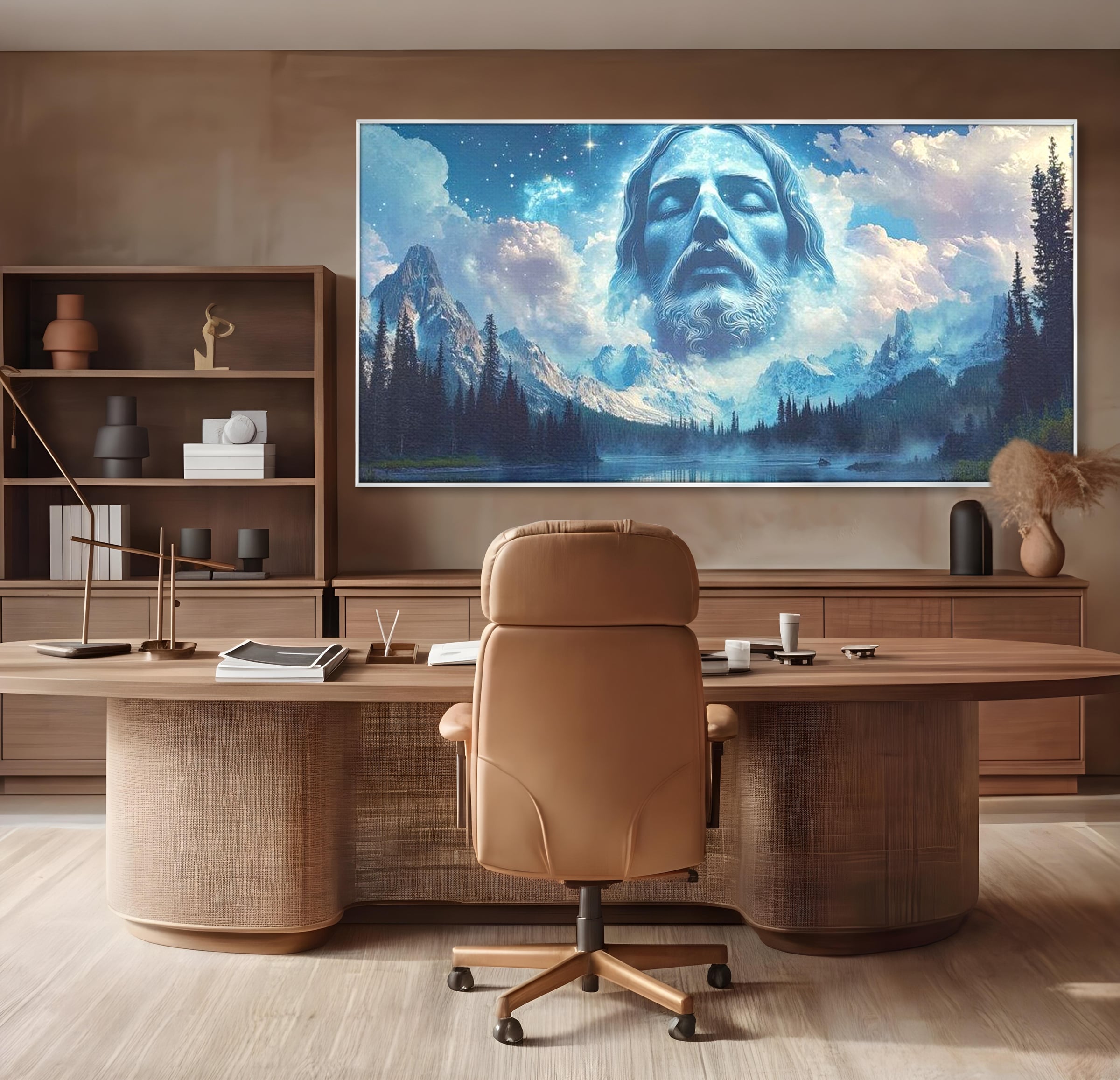 Tablou Canvas Premium LuxCanva® H1048, Intre Cer si Pamant, Iisus, Nori, Munti, Apa, Sacrificiu, Mantuire, Credinta, Har, Spiritualitate, Arta Religioasa, Living, Dormitor