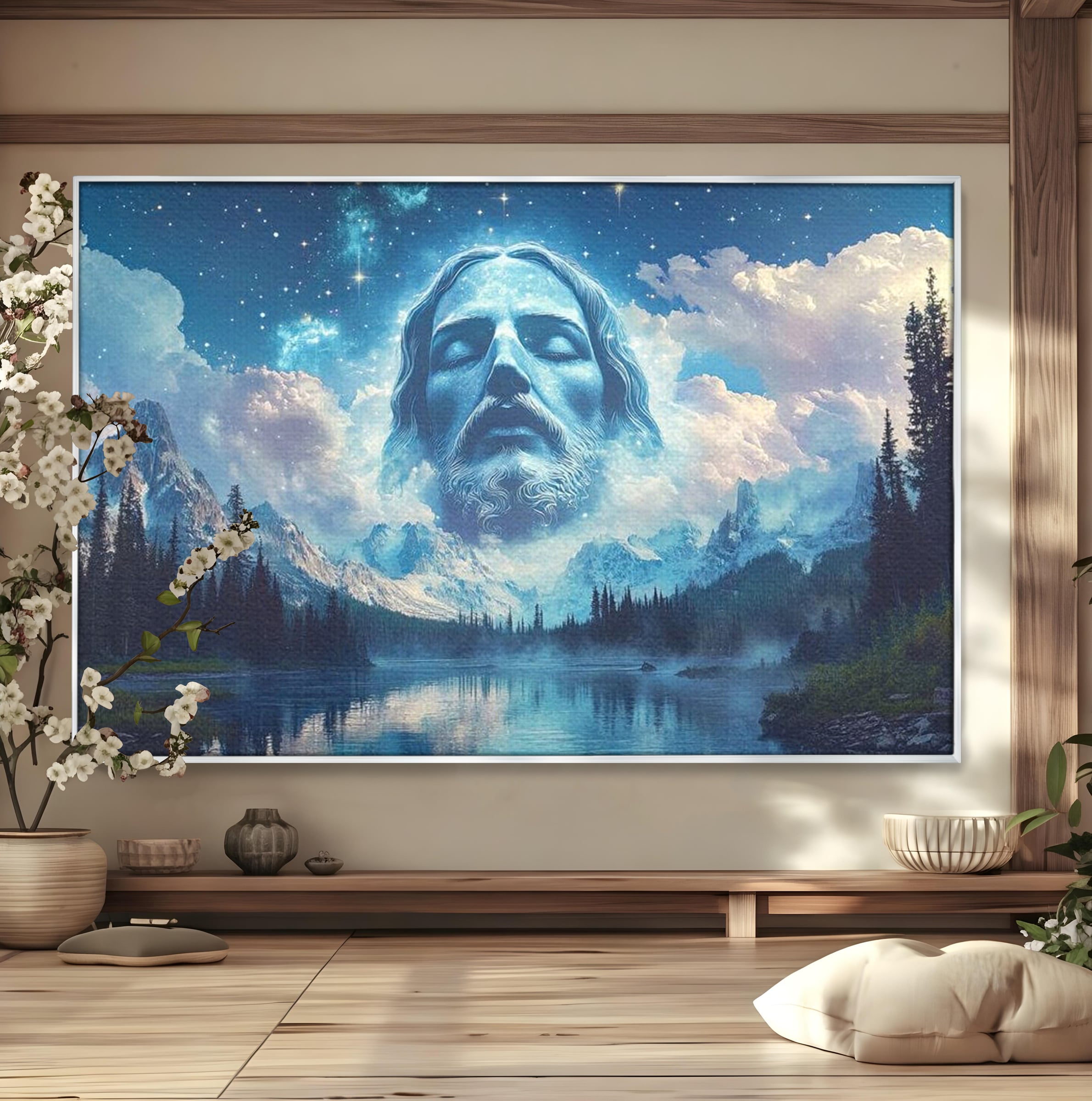 Tablou Canvas Premium LuxCanva® H1048, Intre Cer si Pamant, Iisus, Nori, Munti, Apa, Sacrificiu, Mantuire, Credinta, Har, Spiritualitate, Arta Religioasa, Living, Dormitor