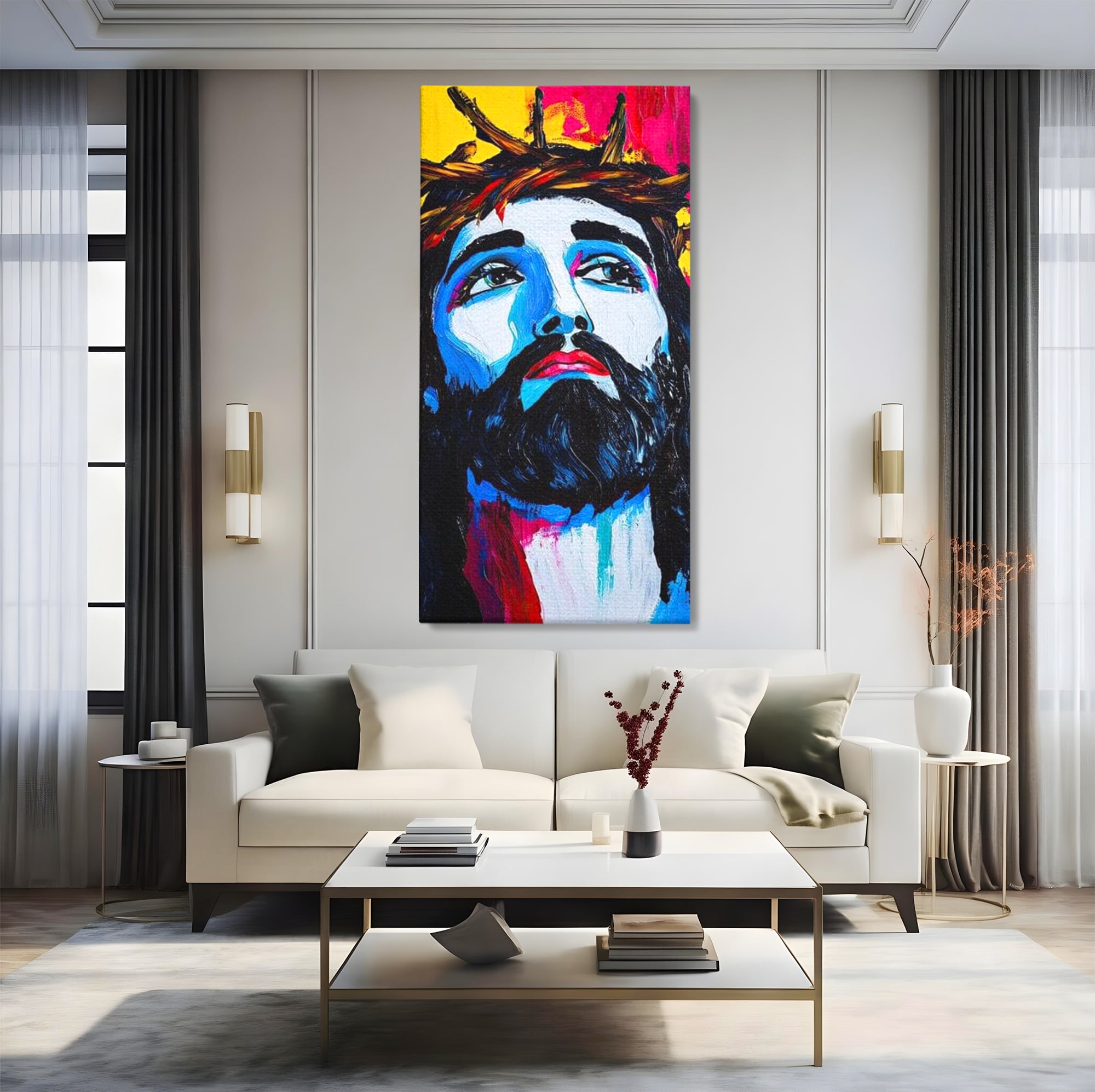 Tablou Canvas Premium LuxCanva® H1050, Contemplare Divina, Iisus, Contemplare, Pace Interioara, Coroana de Spini, Serenitate, Arta Religioasa Moderna, Living, Dormitor