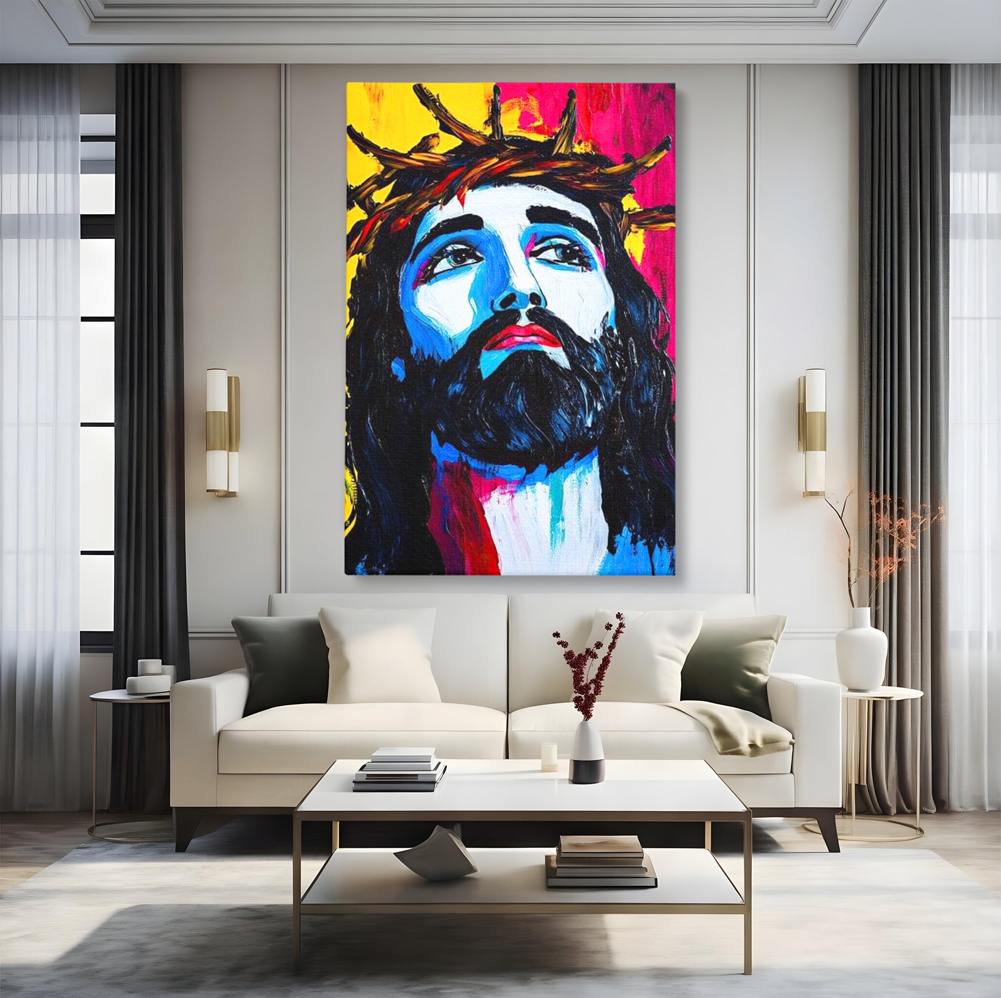 Tablou Canvas Premium LuxCanva® H1050, Contemplare Divina, Iisus, Contemplare, Pace Interioara, Coroana de Spini, Serenitate, Arta Religioasa Moderna, Living, Dormitor