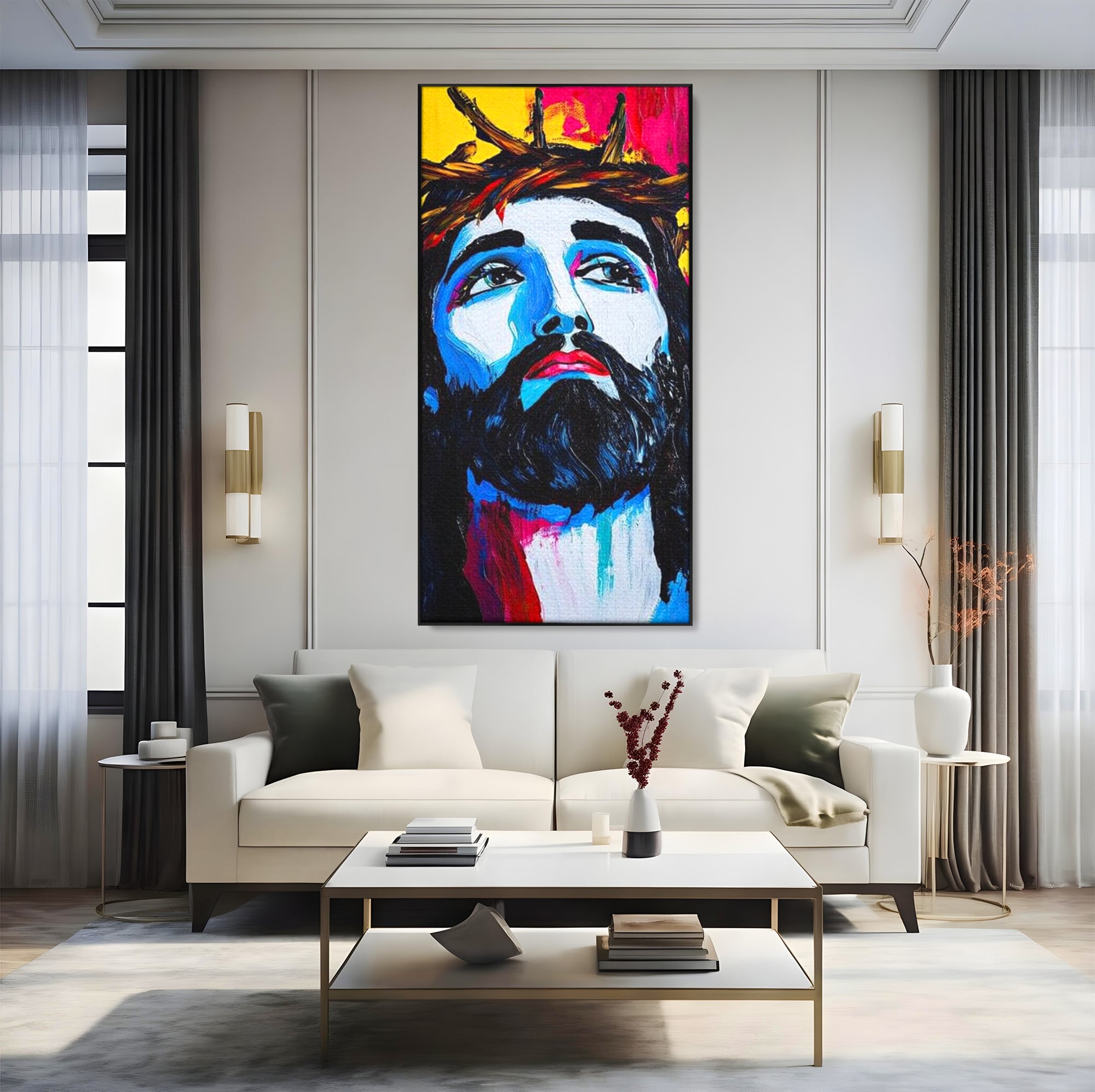 Tablou Canvas Premium LuxCanva® H1050, Contemplare Divina, Iisus, Contemplare, Pace Interioara, Coroana de Spini, Serenitate, Arta Religioasa Moderna, Living, Dormitor