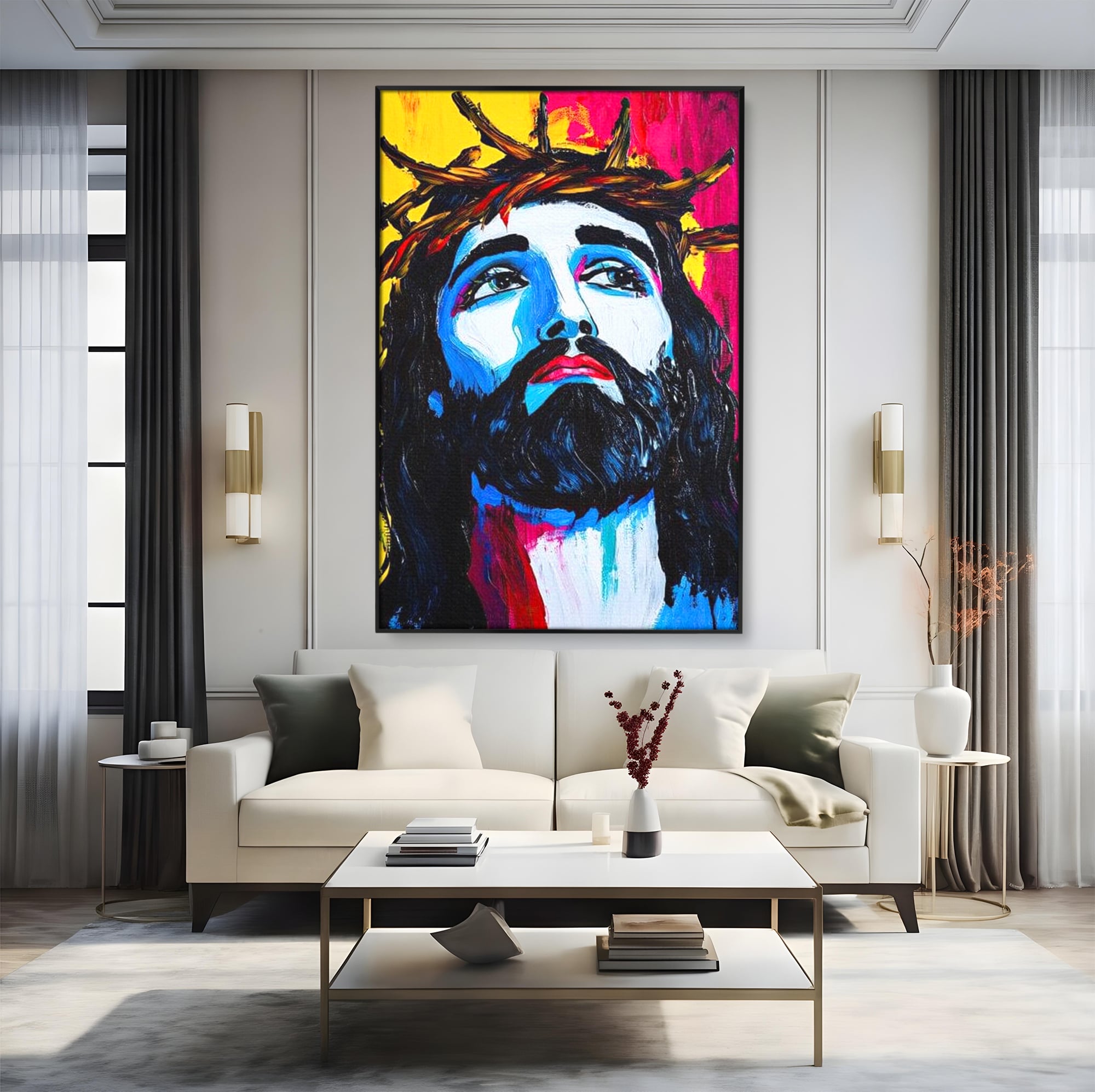 Tablou Canvas Premium LuxCanva® H1050, Contemplare Divina, Iisus, Contemplare, Pace Interioara, Coroana de Spini, Serenitate, Arta Religioasa Moderna, Living, Dormitor