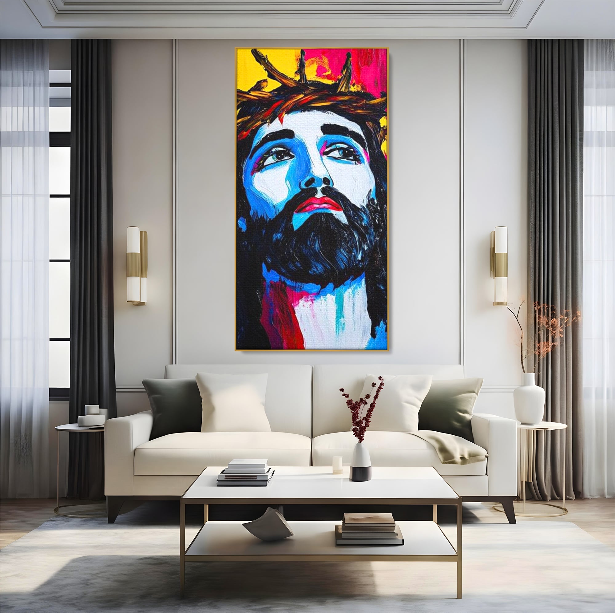 Tablou Canvas Premium LuxCanva® H1050, Contemplare Divina, Iisus, Contemplare, Pace Interioara, Coroana de Spini, Serenitate, Arta Religioasa Moderna, Living, Dormitor