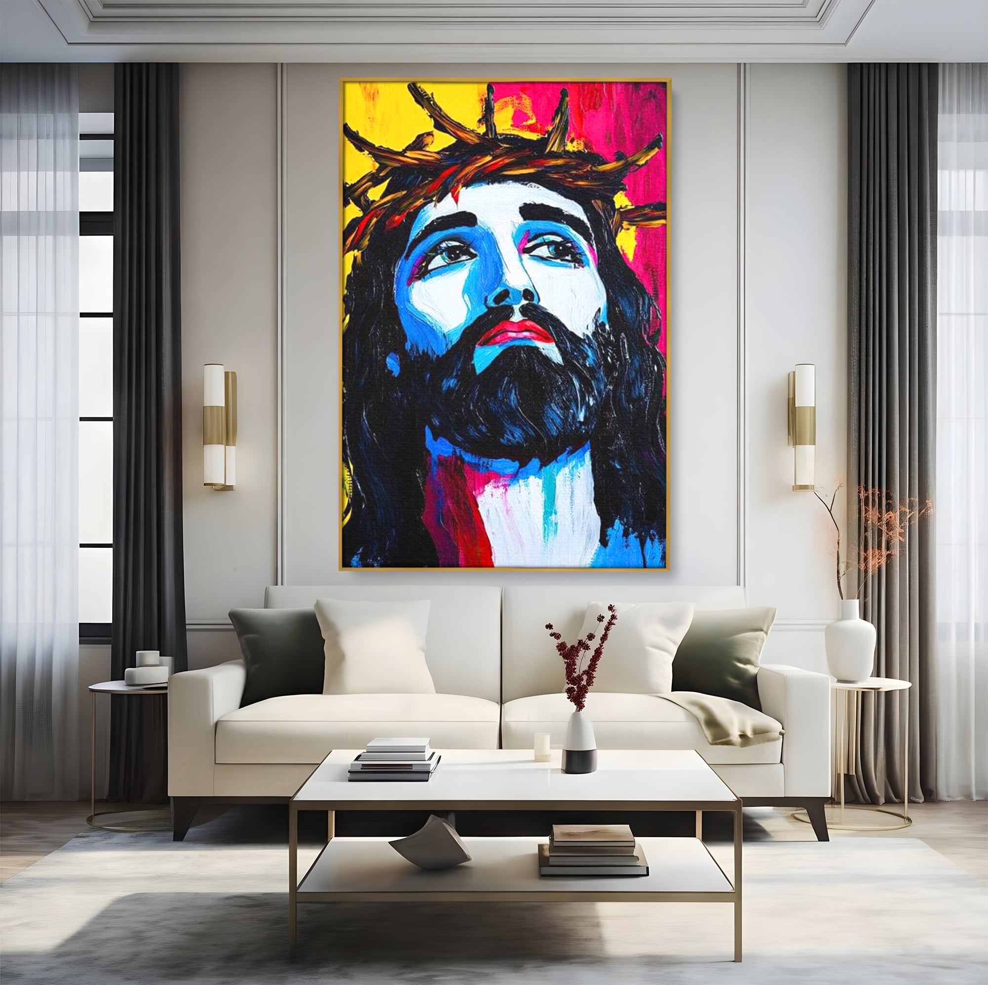 Tablou Canvas Premium LuxCanva® H1050, Contemplare Divina, Iisus, Contemplare, Pace Interioara, Coroana de Spini, Serenitate, Arta Religioasa Moderna, Living, Dormitor