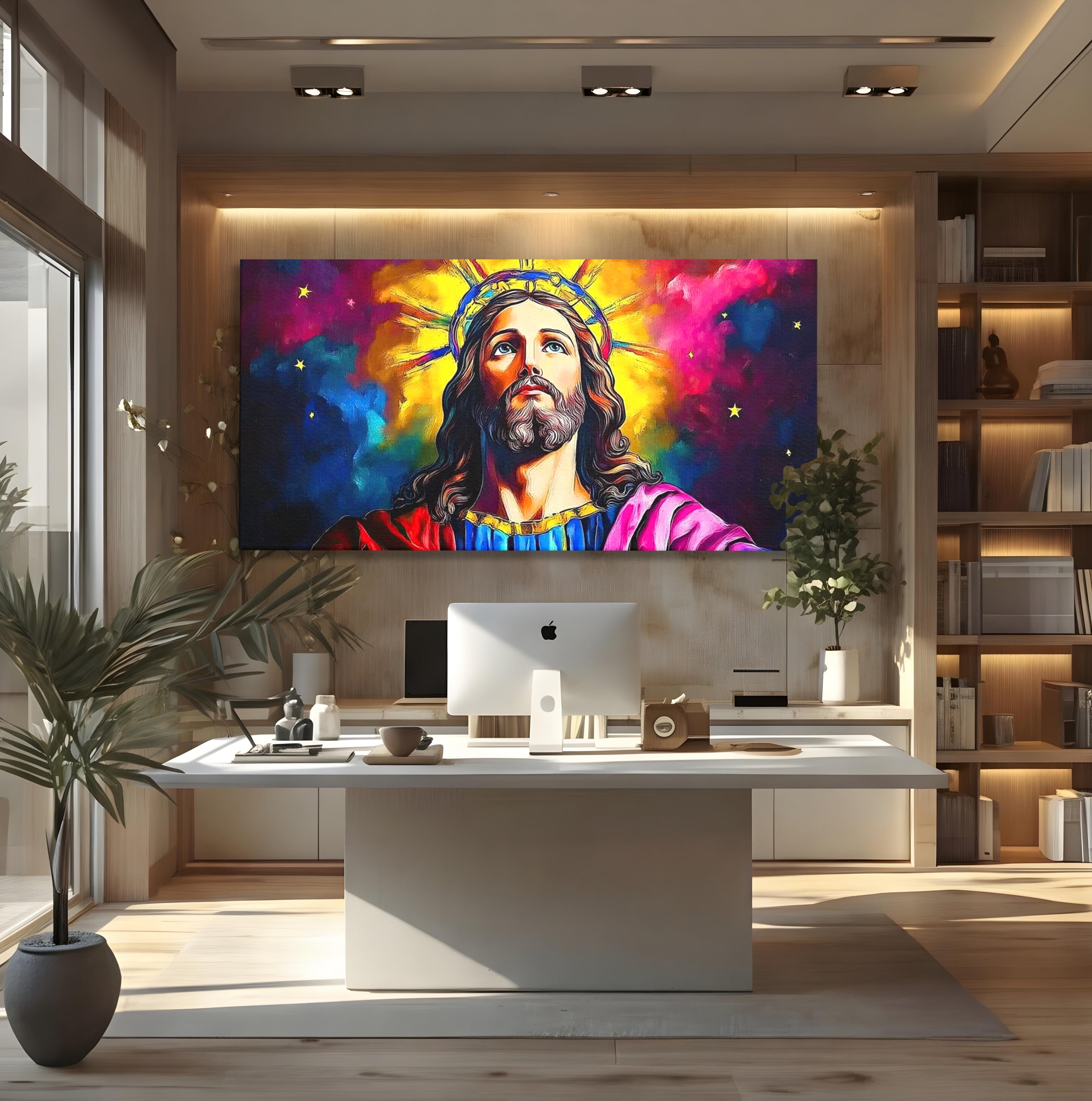 Tablou Canvas Premium LuxCanva® H1051, Stralucire Divina, Iisus, Contemplare, Pace Interioara, Coroana de Spini, Serenitate, Arta Religioasa Moderna, Living, Dormitor