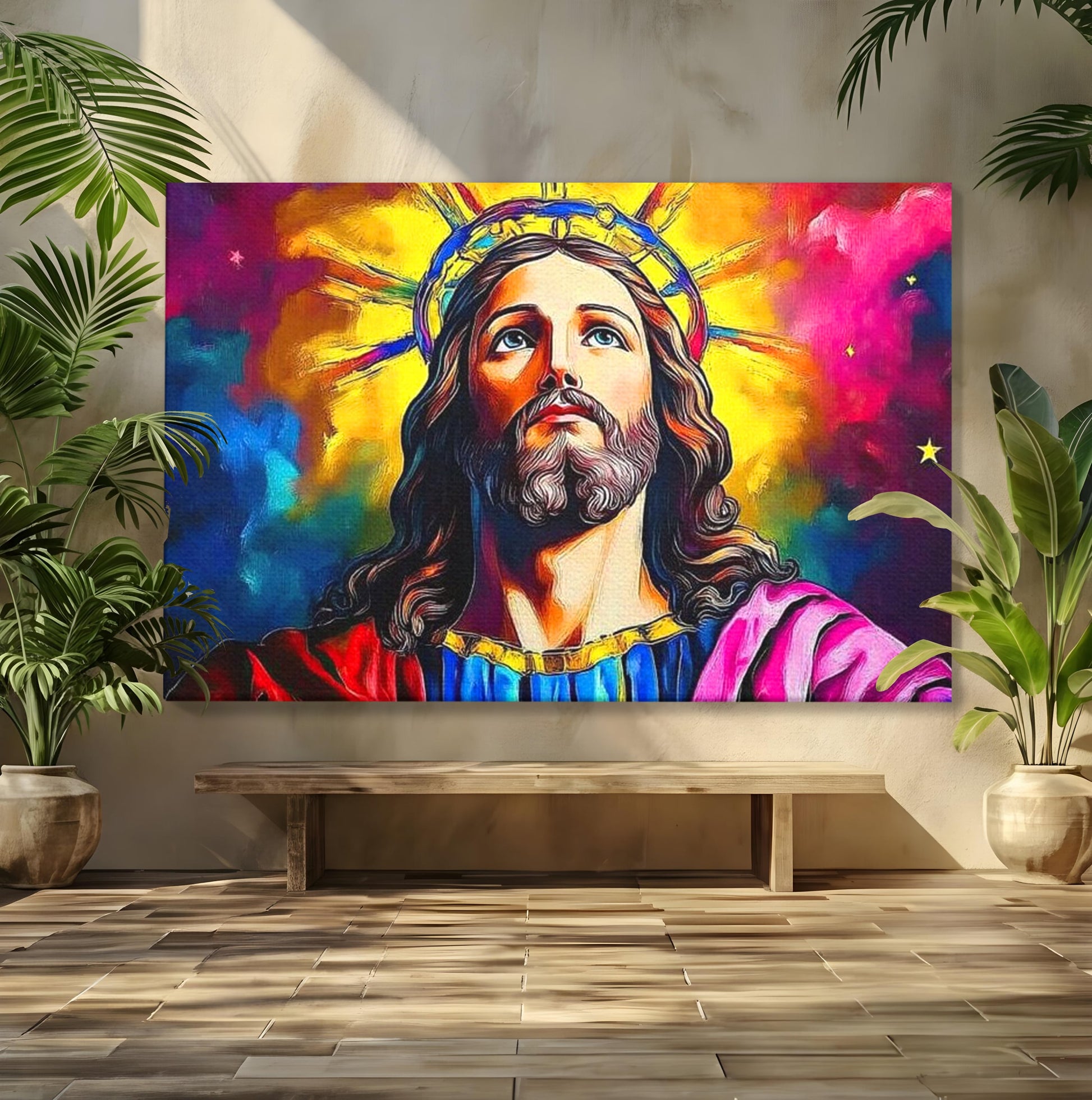 Tablou Canvas Premium LuxCanva® H1051, Stralucire Divina, Iisus, Contemplare, Pace Interioara, Coroana de Spini, Serenitate, Arta Religioasa Moderna, Living, Dormitor