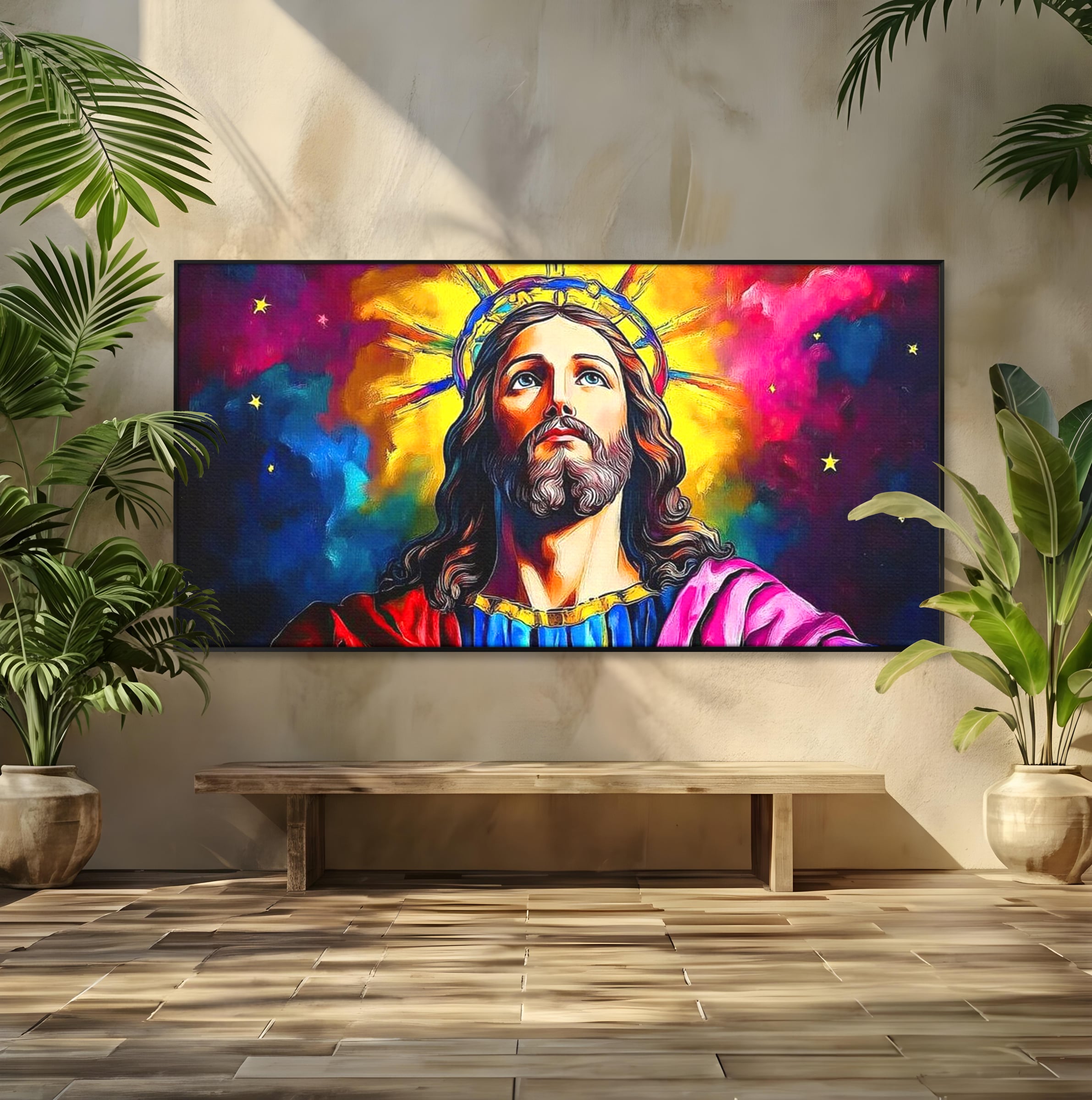 Tablou Canvas Premium LuxCanva® H1051, Stralucire Divina, Iisus, Contemplare, Pace Interioara, Coroana de Spini, Serenitate, Arta Religioasa Moderna, Living, Dormitor