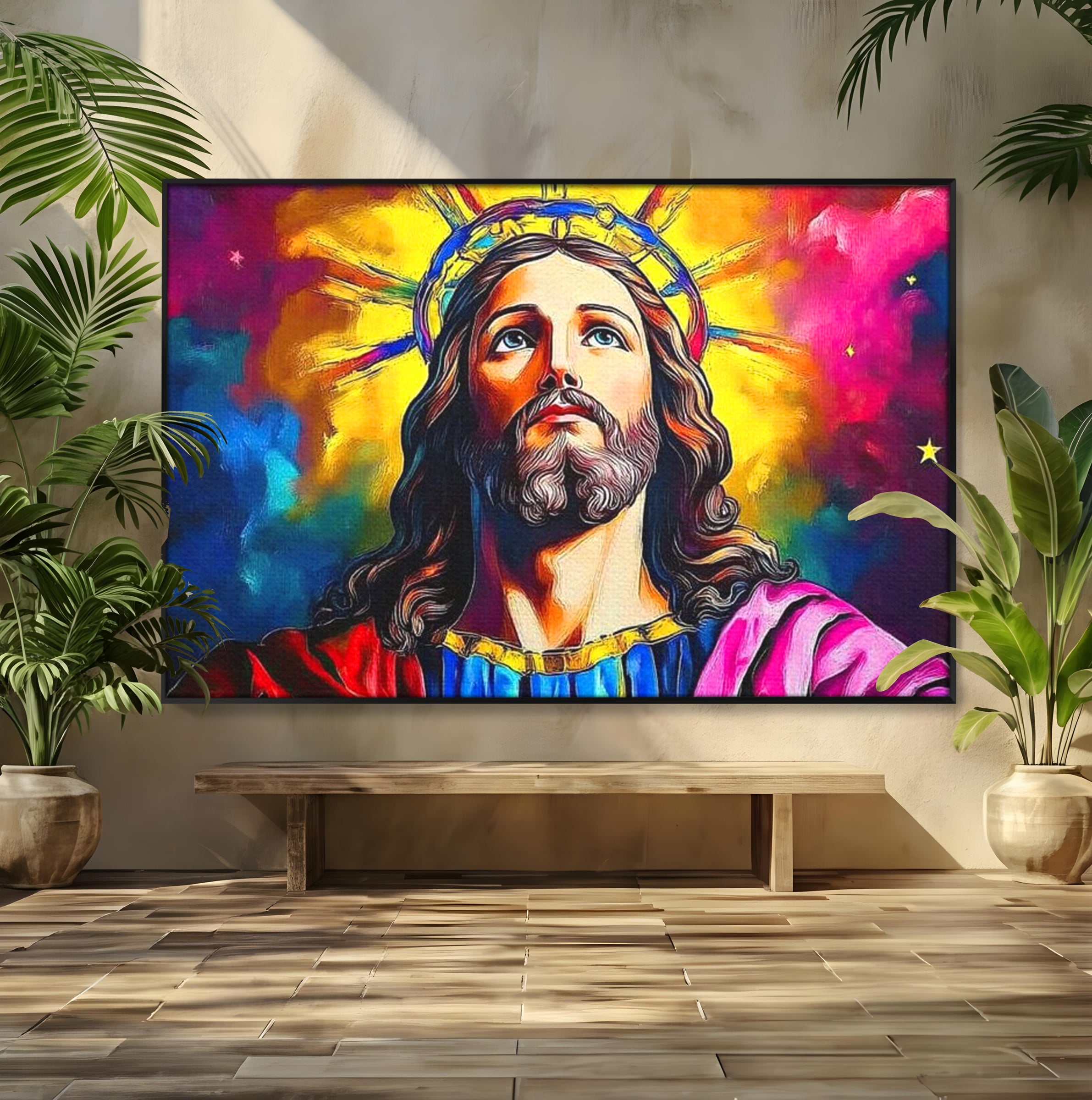 Tablou Canvas Premium LuxCanva® H1051, Stralucire Divina, Iisus, Contemplare, Pace Interioara, Coroana de Spini, Serenitate, Arta Religioasa Moderna, Living, Dormitor